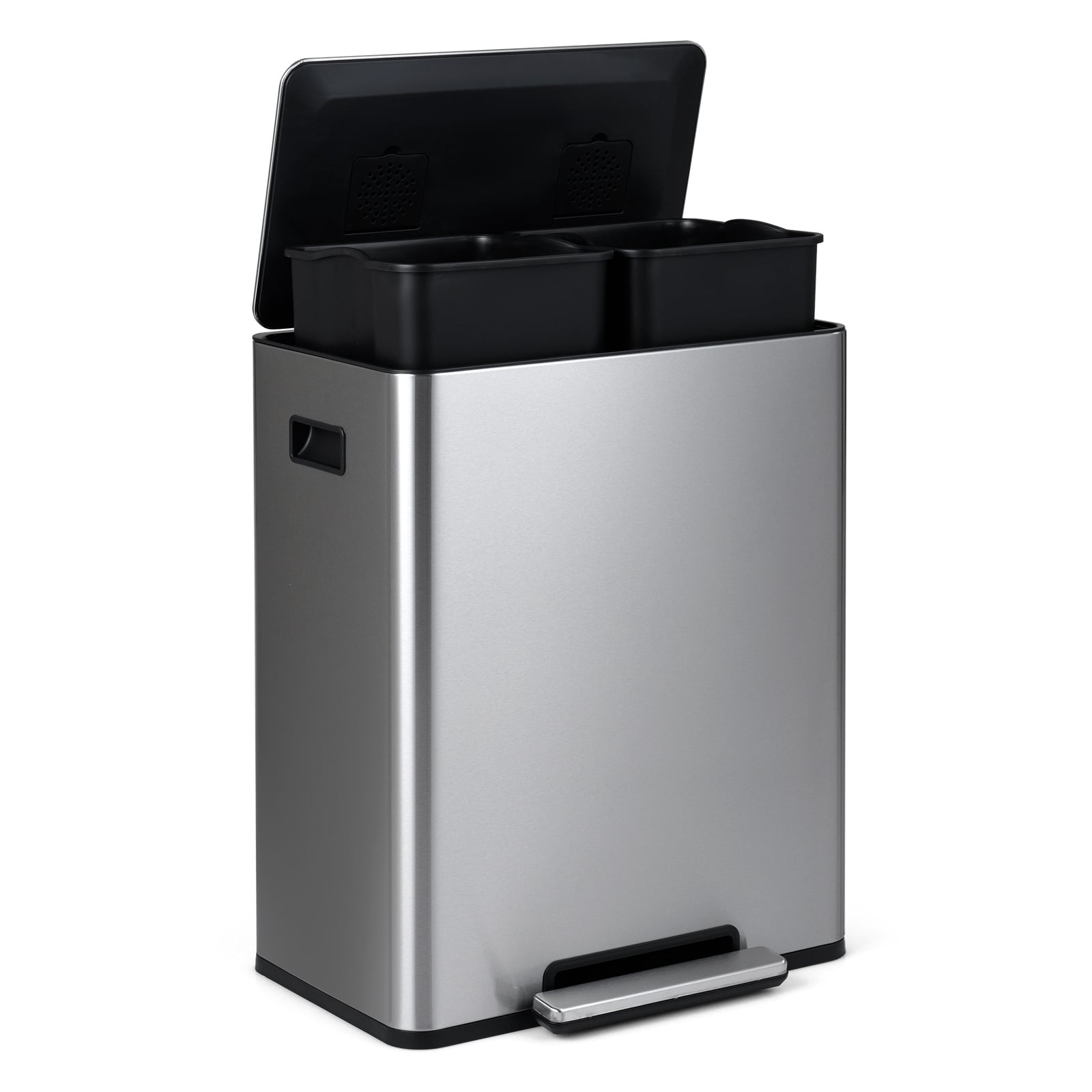 Costway Silver 60L Trash Can Stainless Steel Garbage Can With 2 Removable Inner Buckets