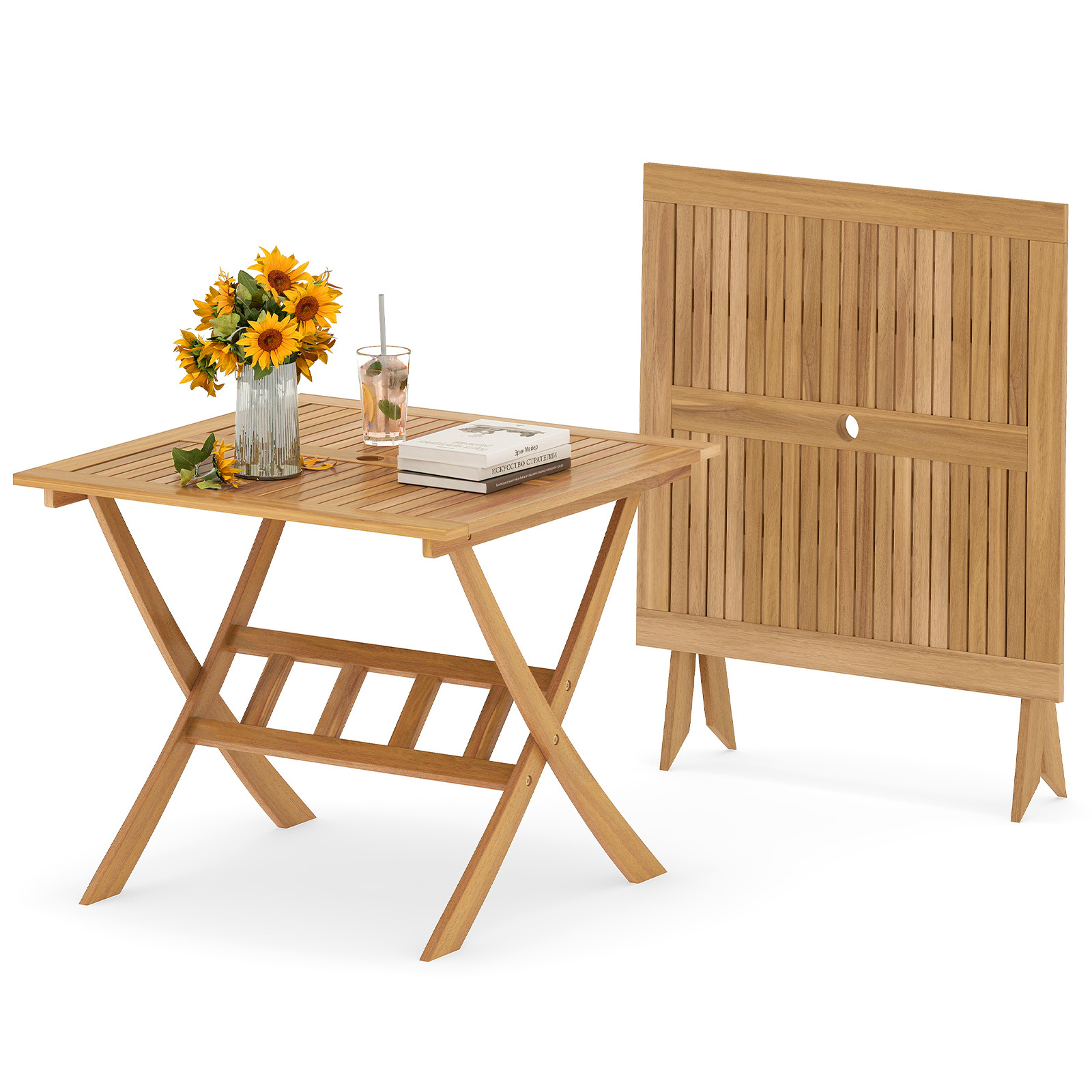 Costway Acacia Wood Folding Table 90Cm Patio Dining Table With Slatted Tabletop