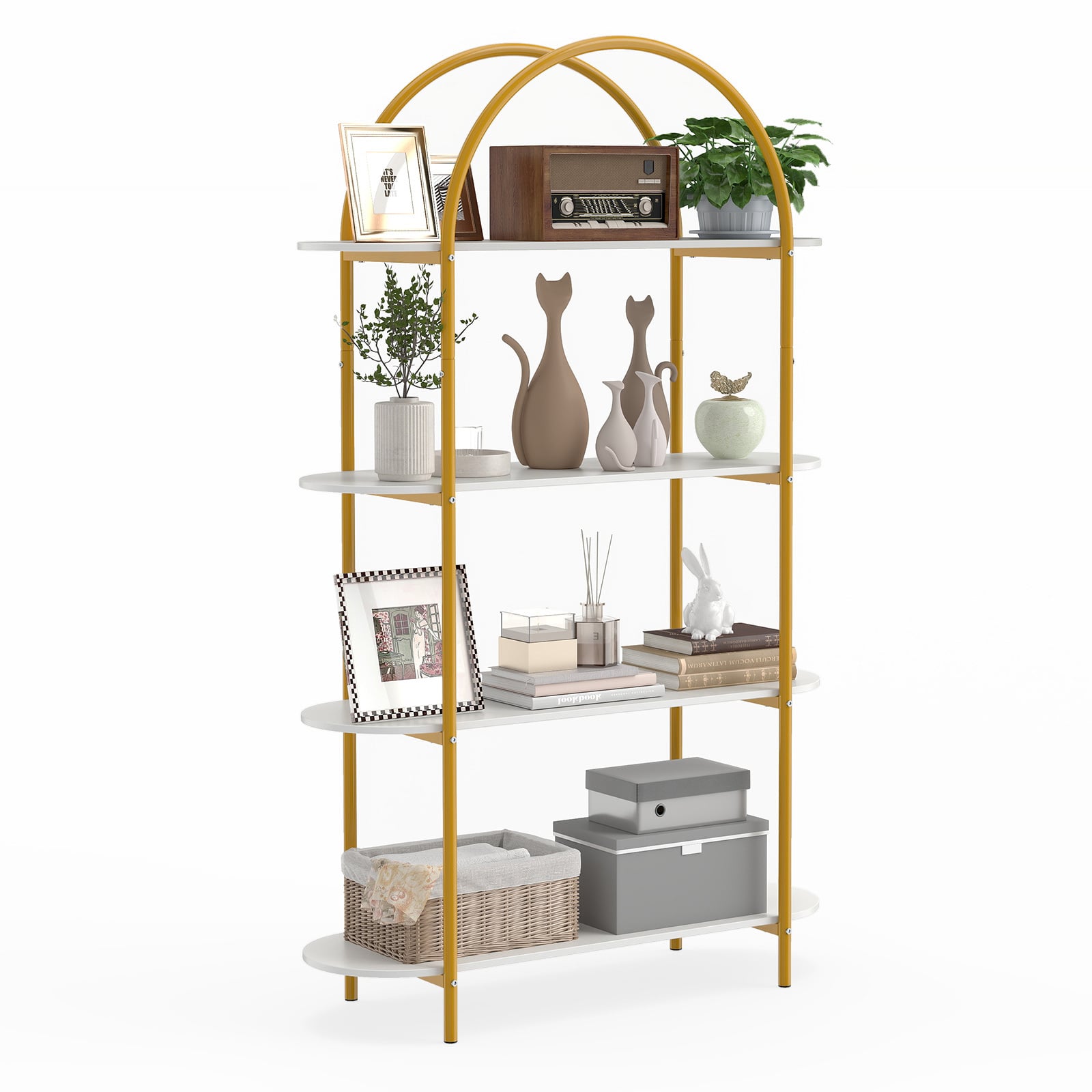 Costway White & Golden Arched Bookshelf 4-Tier Industrial Open Bookcase With Sturdy Metal Frame-White And Golden