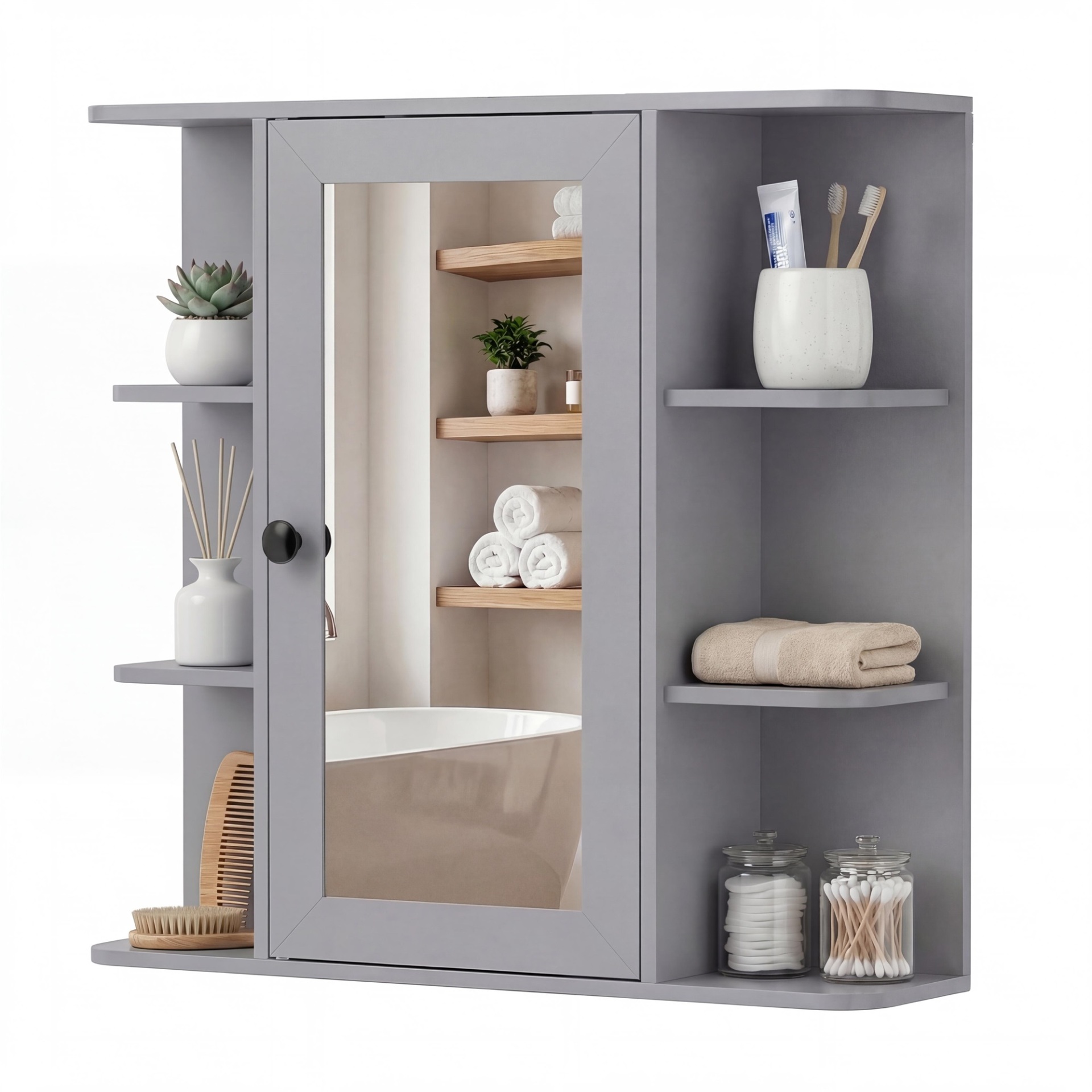 Costway Grey Bathroom Wall Cabinet With Mirror 3 Internal Shelves