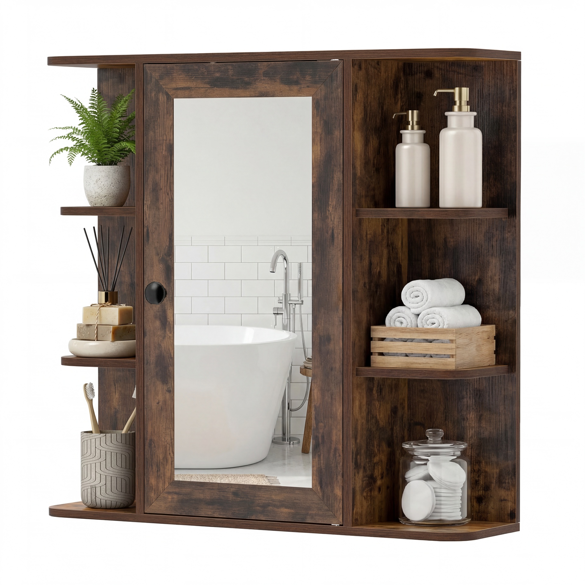 Costway Rustic Brown Bathroom Wall Cabinet With Mirror 3 Internal Shelves