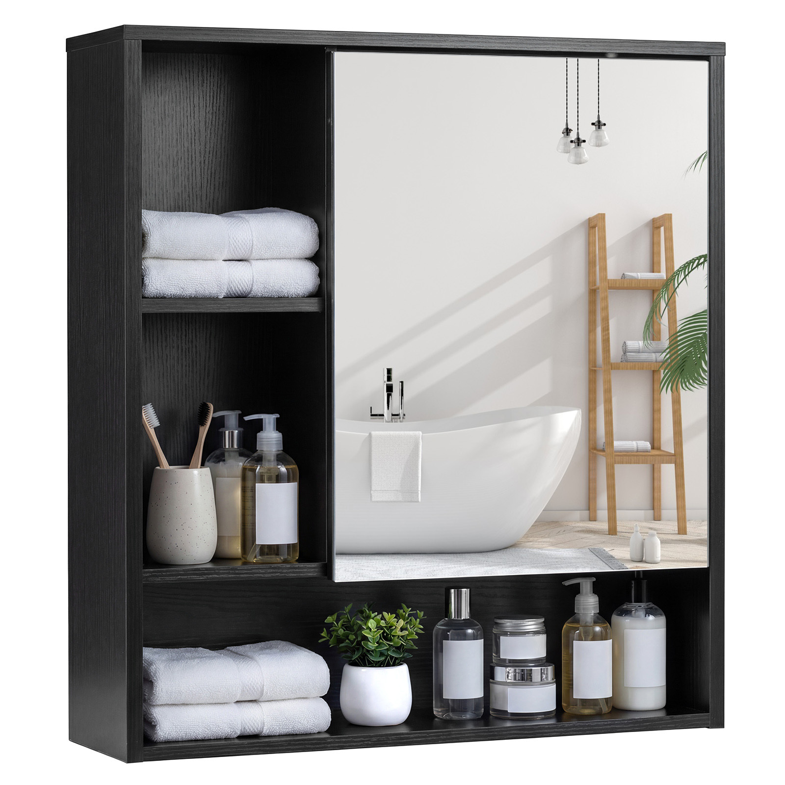 Costway Black Bathroom Wall Mirror Cabinet With Single Door And 3 Open Shelves