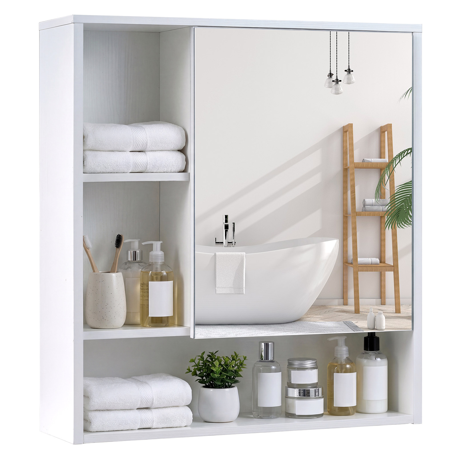 Costway White Bathroom Wall Mirror Cabinet With Single Door And 3 Open Shelves