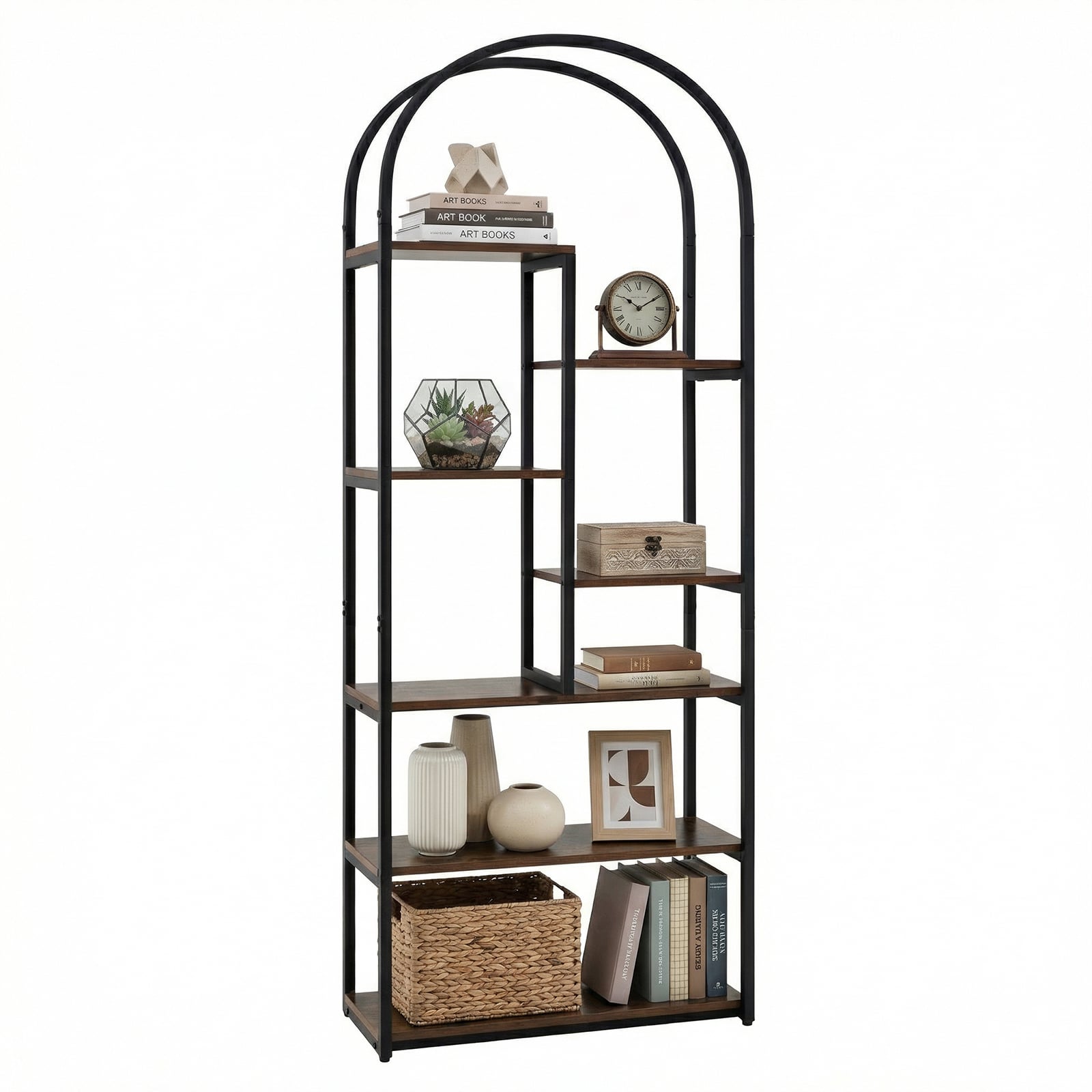 Costway Rustic Brown Bookshelf Industrial Arched Bookcase With 7 Open Shelves