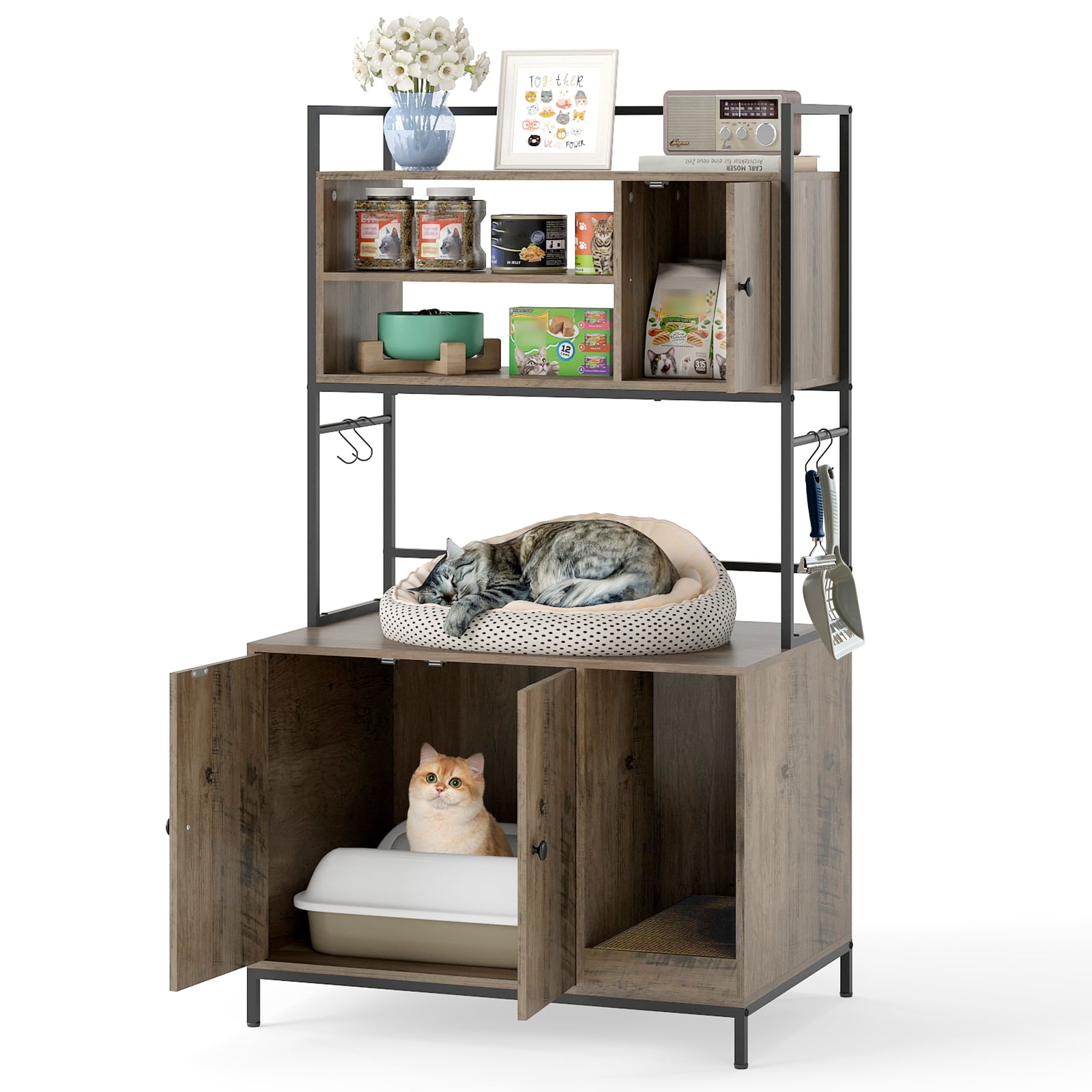 Costway Grey Cat Litter Box Enclosure With Storage Shelves Large Hidden Cat Washroom Furniture With Metal Frame