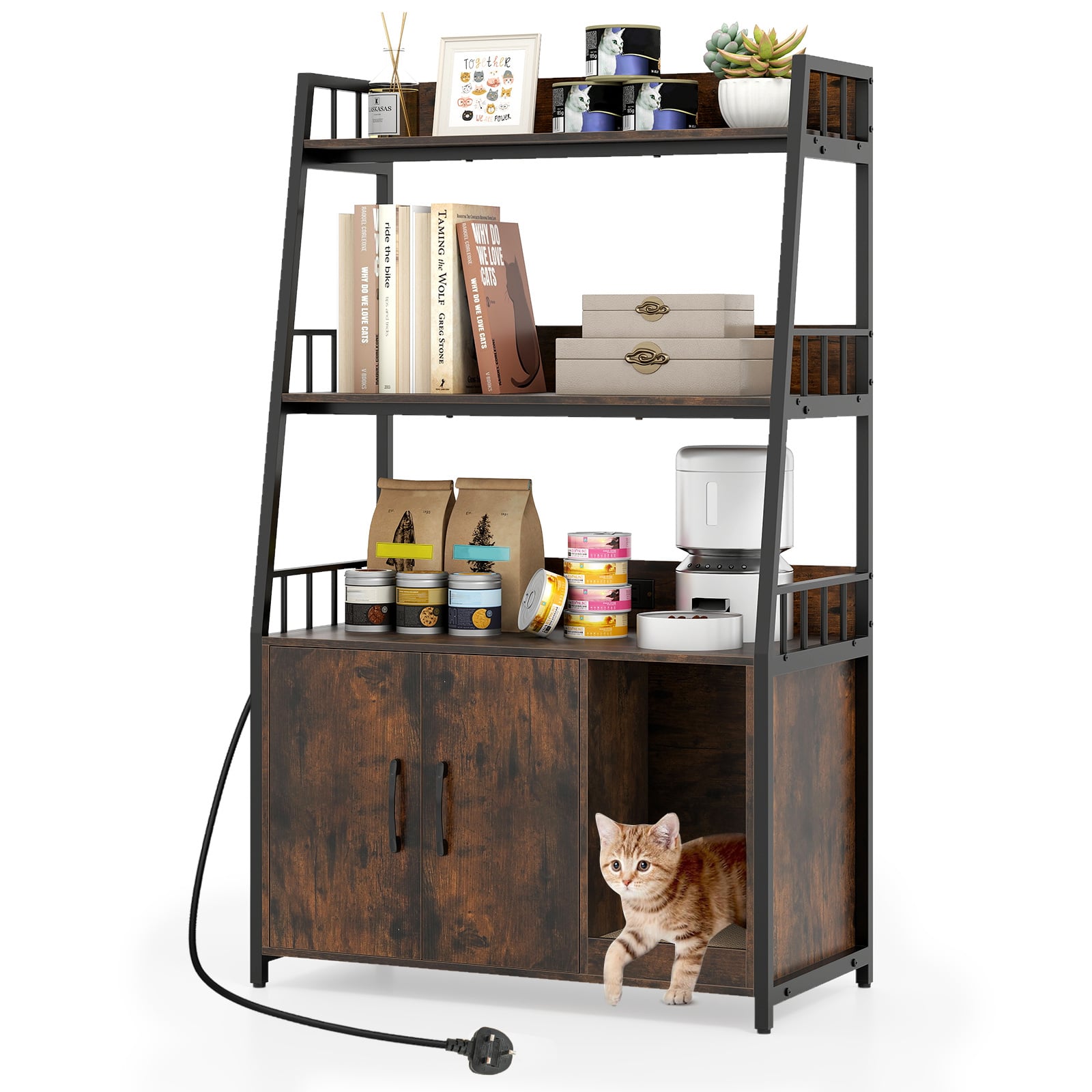 Costway Rustic Brown Cat Litter Box Enclosure With Storage Shelves And Scratching Pad