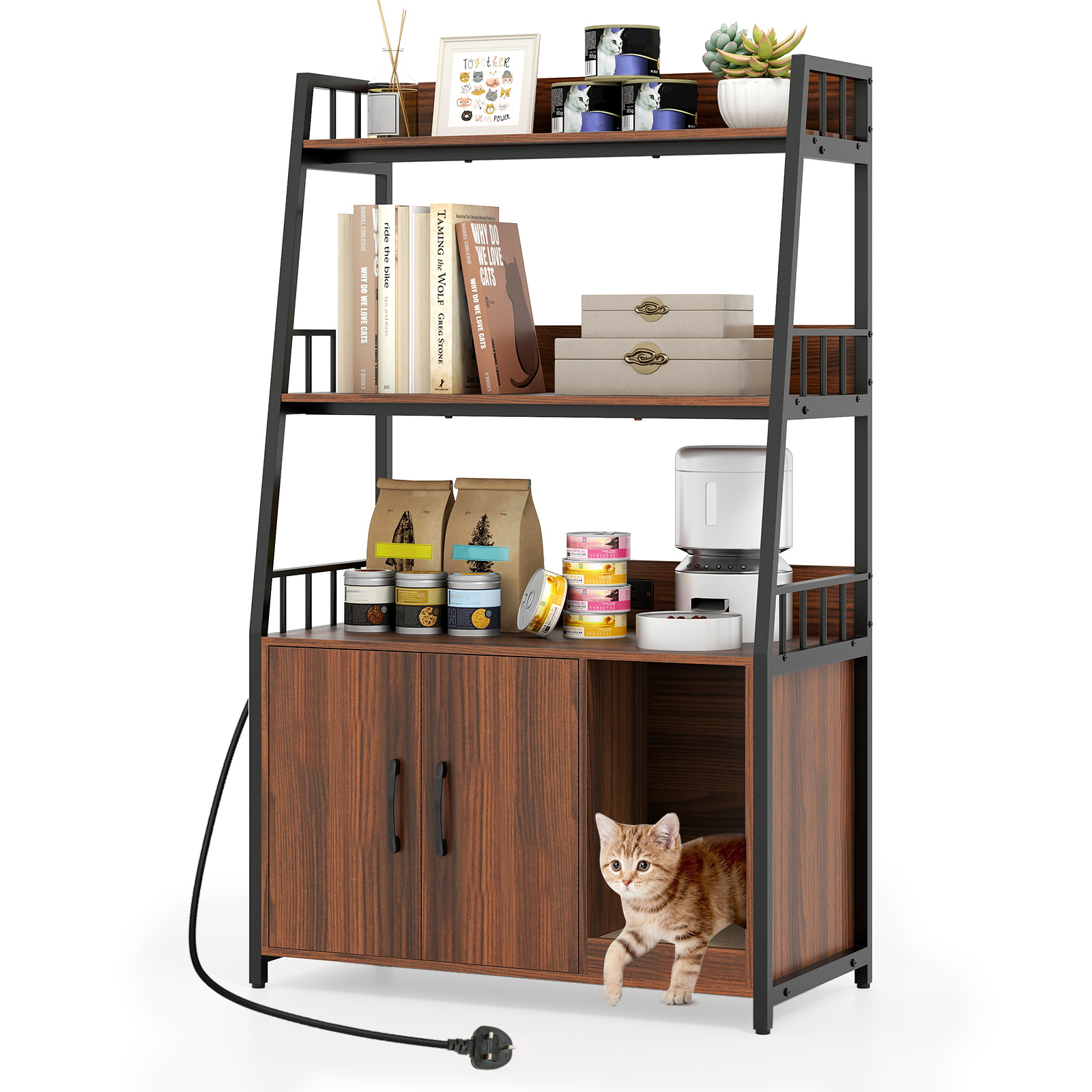 Costway Walnut Cat Litter Box Enclosure With Storage Shelves And Scratching Pad