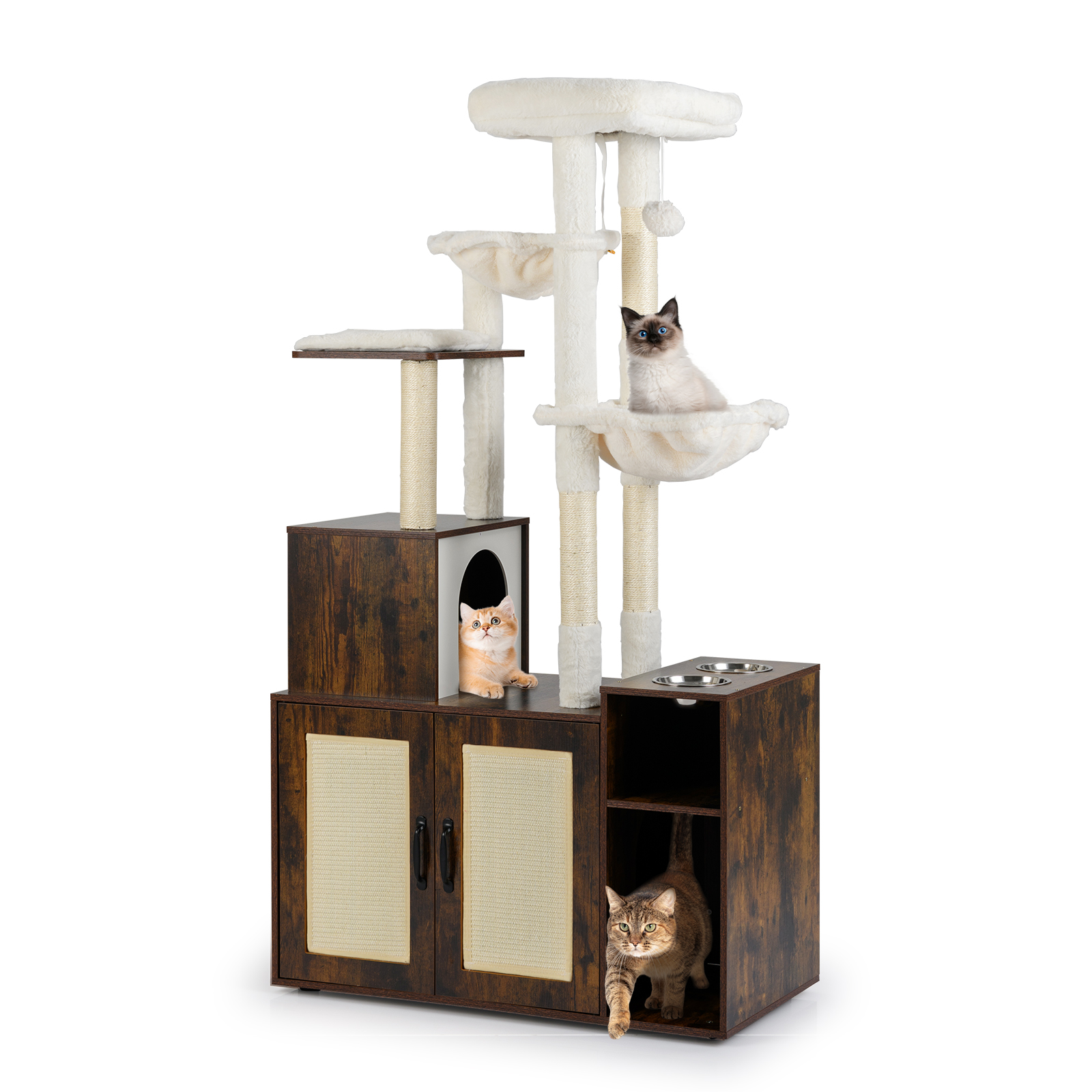 Costway Rustic Brown Cat Tree With Litter Box Enclosure Condo All-In-One Wooden Hidden Cat Furniture