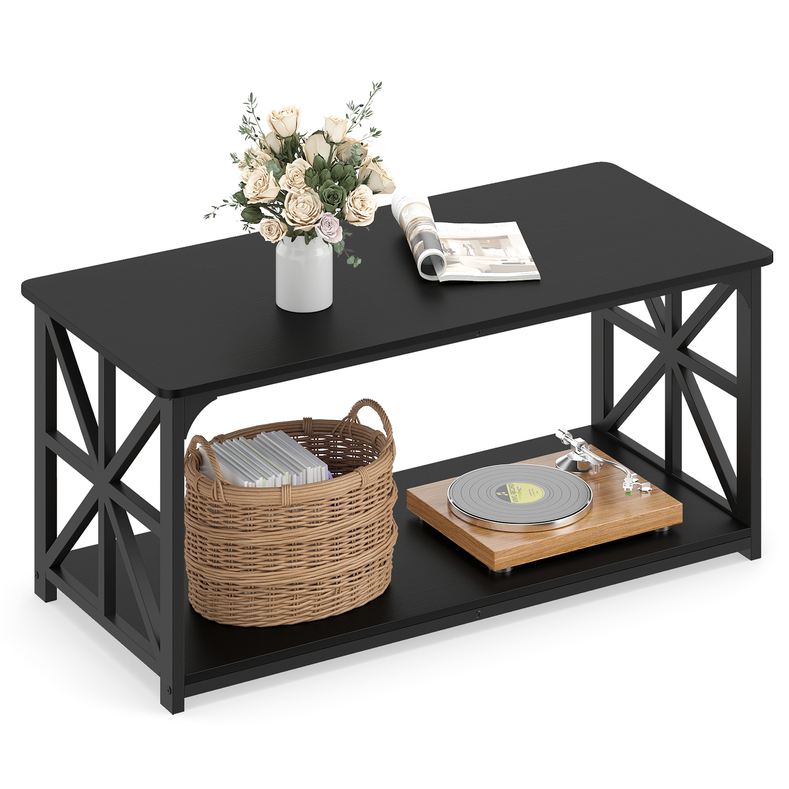 Costway Black Coffee Table Industrial Farmhouse Accent Table With Open Storage Shelf