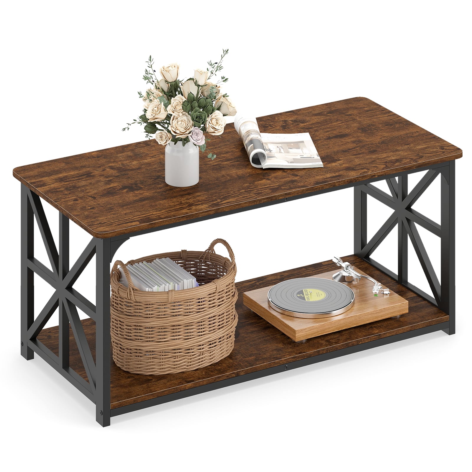 Costway Rustic Brown Coffee Table Industrial Farmhouse Accent Table With Open Storage Shelf