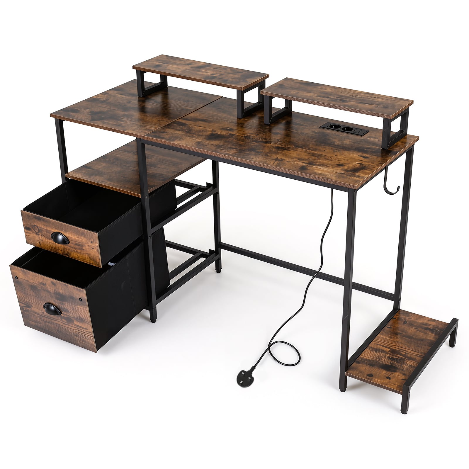 Costway Rustic Brown Computer Desk With Power Outlets With 2 Monitor Shelves And Cpu Stand-Rusticbrown