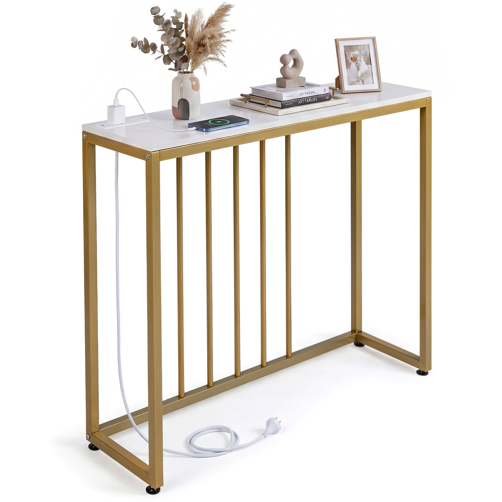 Costway White & Golden Console Table With Charging Station And Power Outlets For Hallway-White
