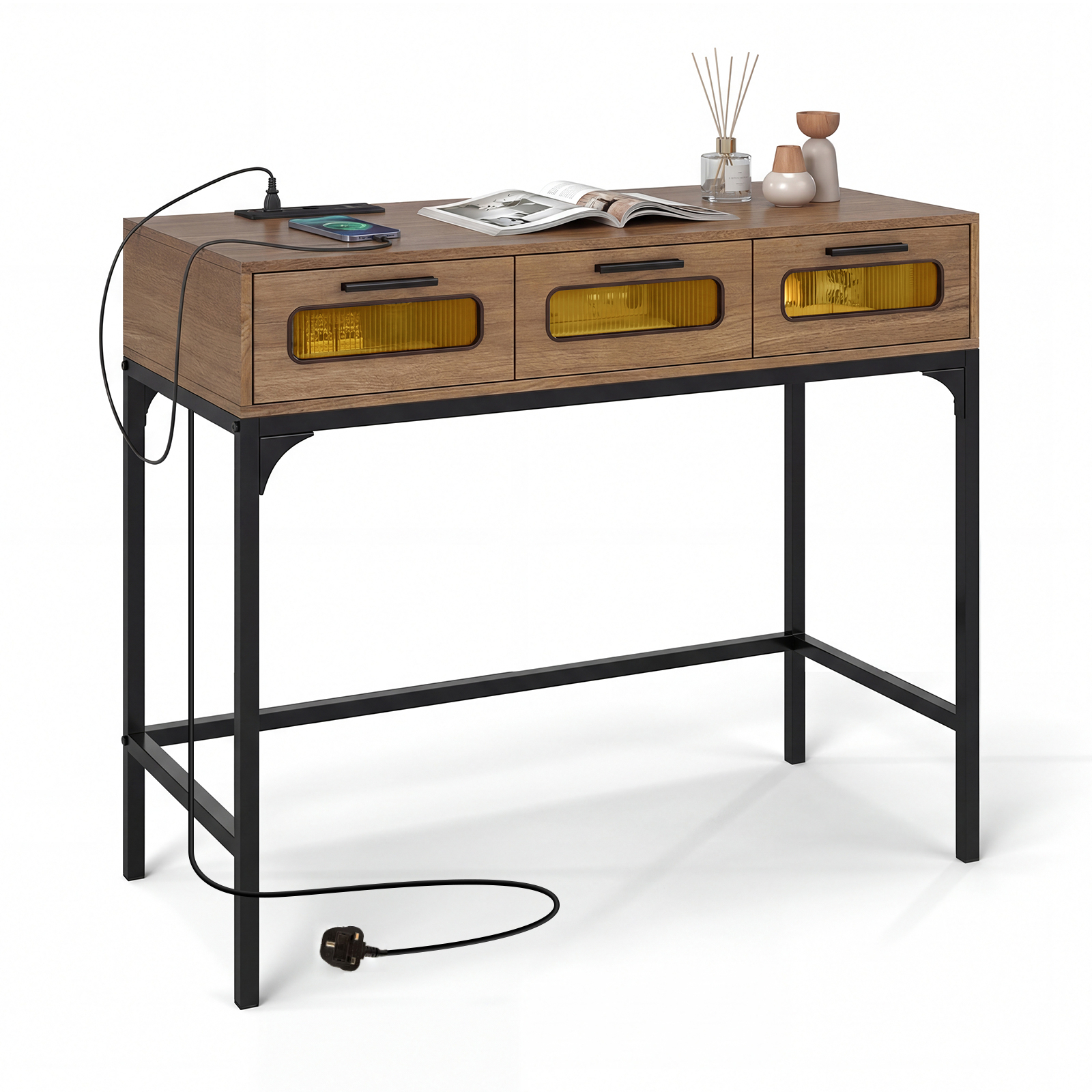 Costway Natural Console Table With Charging Station With Drawers And Led Lights