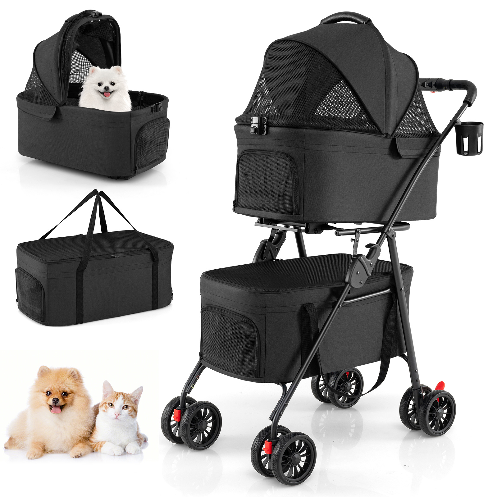 Costway Black Double Pet Stroller 3 In 1 Foldable With 2 Detachable Carriers Car Seats