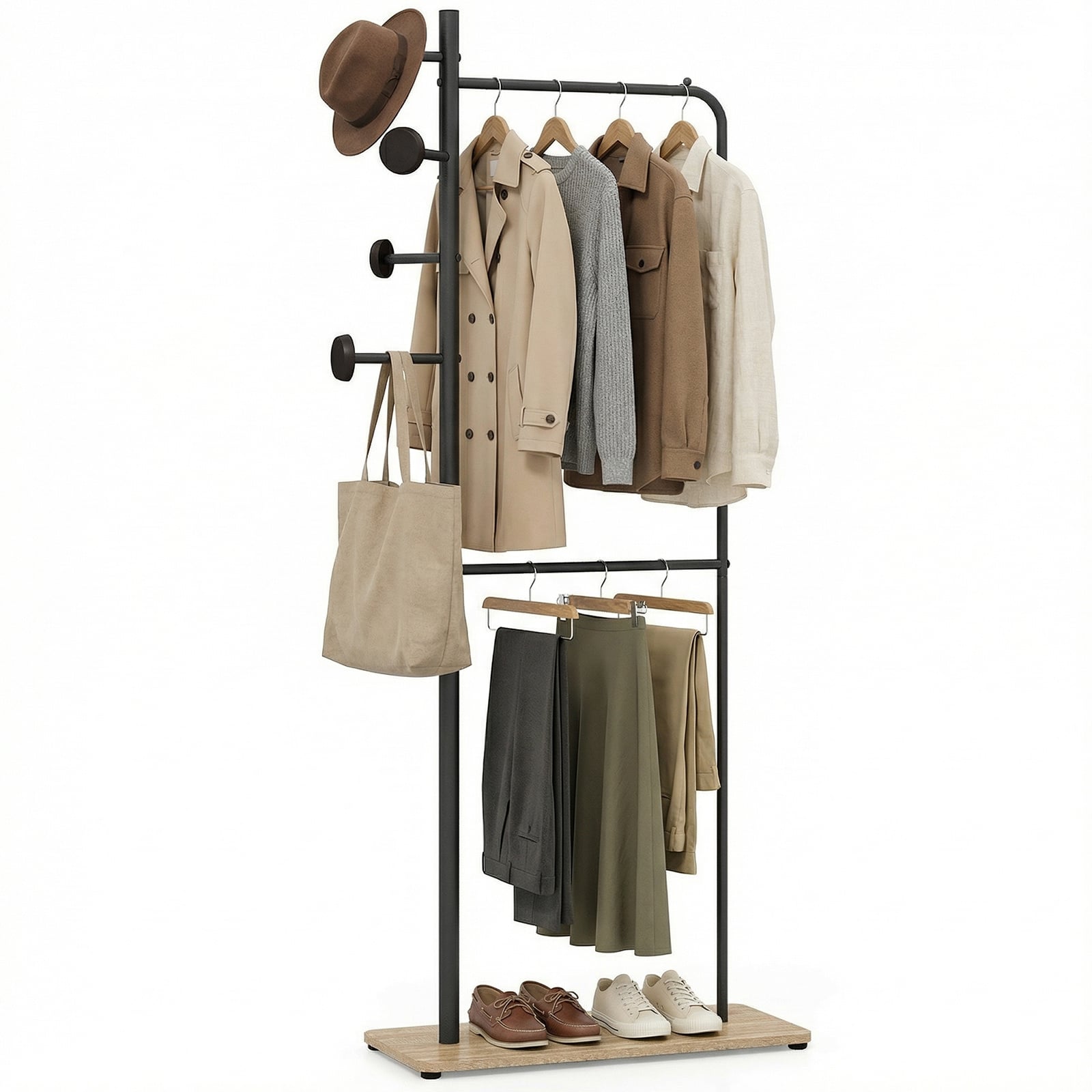 Costway Double Rods Clothes Hanging Rack With Rubber Wood Hooks And Wooden Bottom Shelf