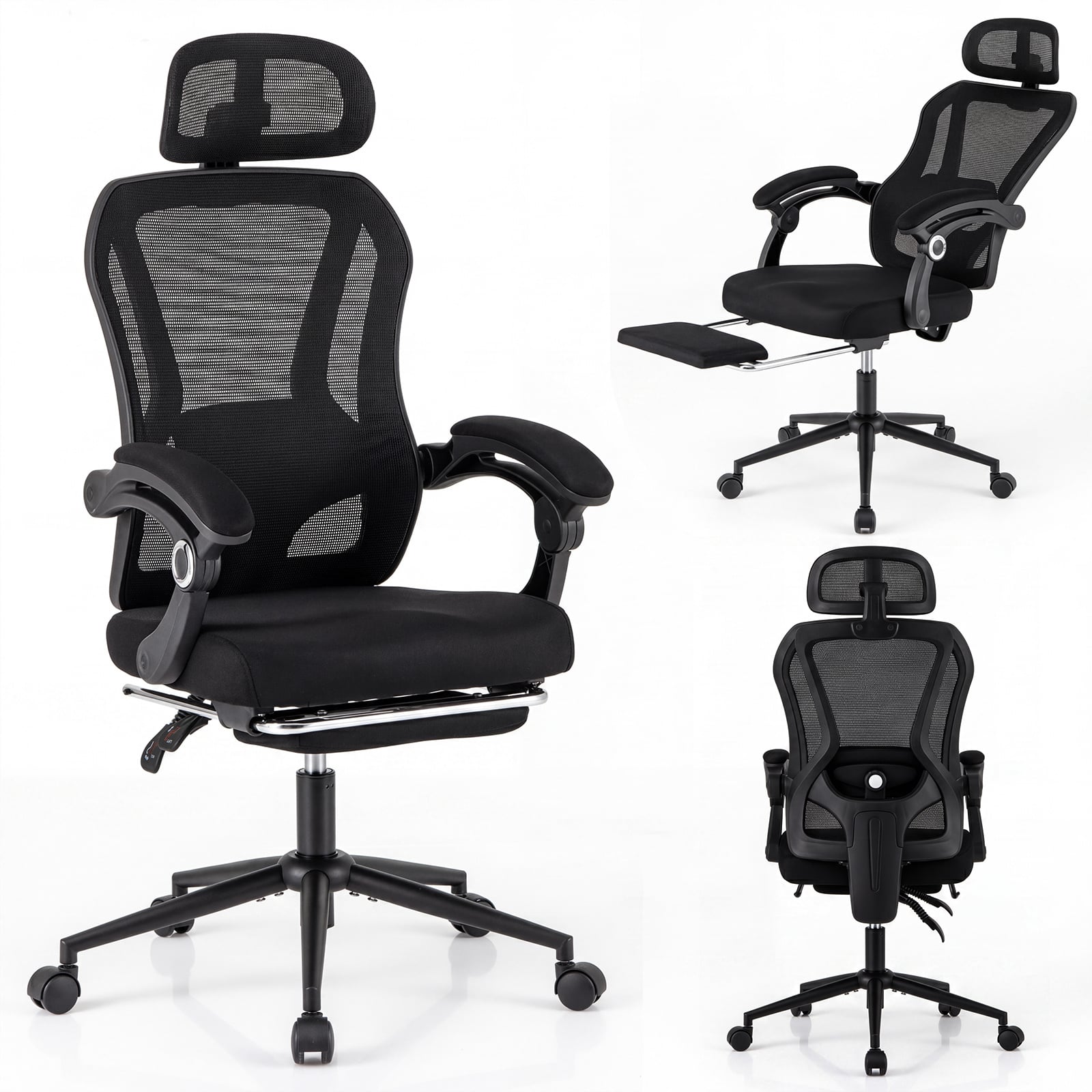 Costway Black Ergonomic Mesh Office Chair With 2D Headrest And Retractable Footrest