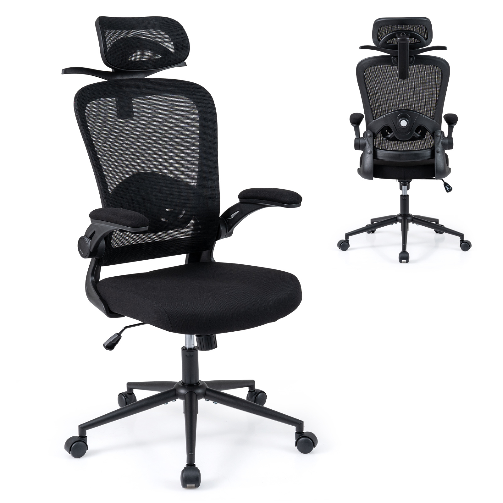 Costway Black Ergonomic Mesh Office Chair With 3D Headrest And Adjustable Lumbar