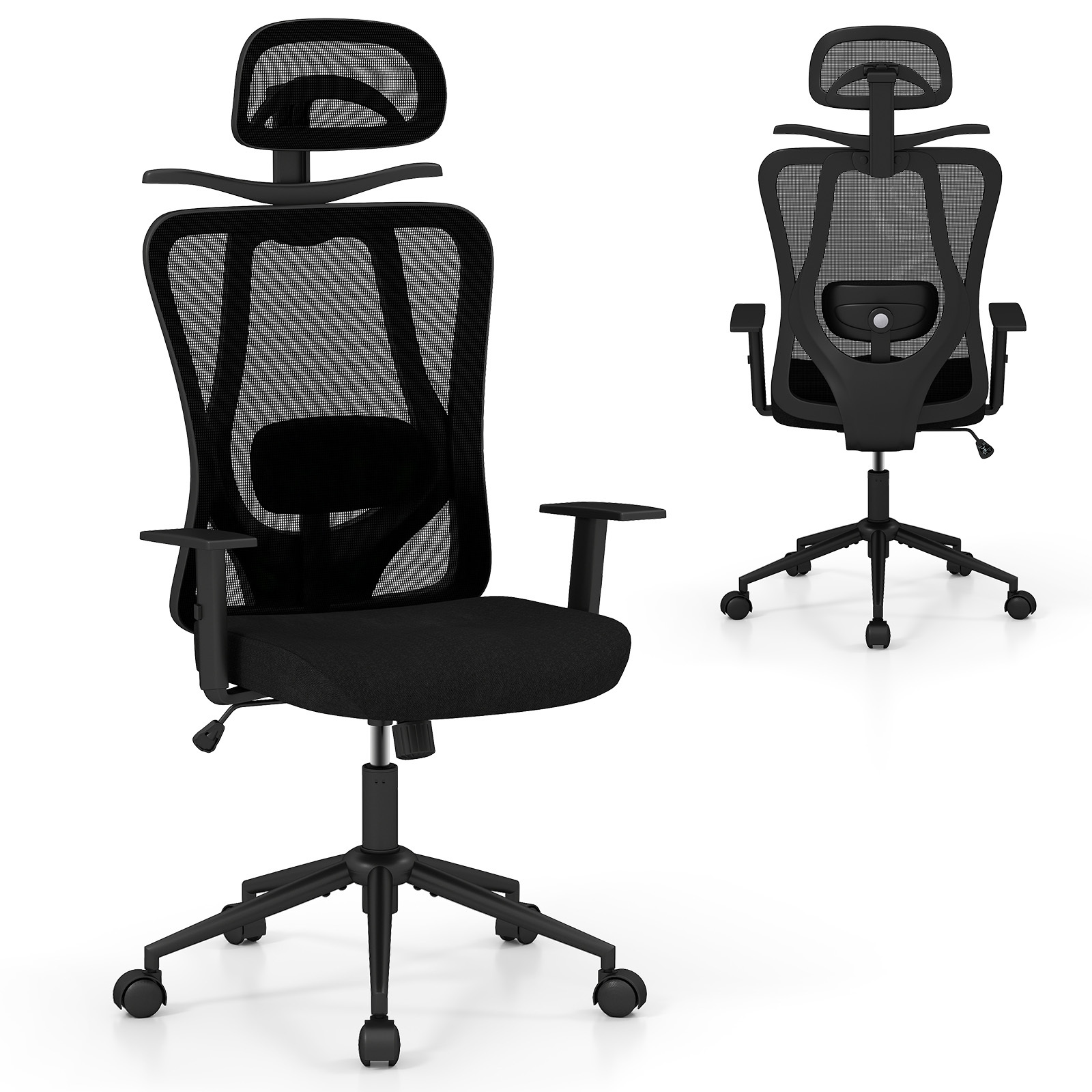 Costway Black Ergonomic Office Chair With 3D Headrest And Adjustable Lumbar For Office