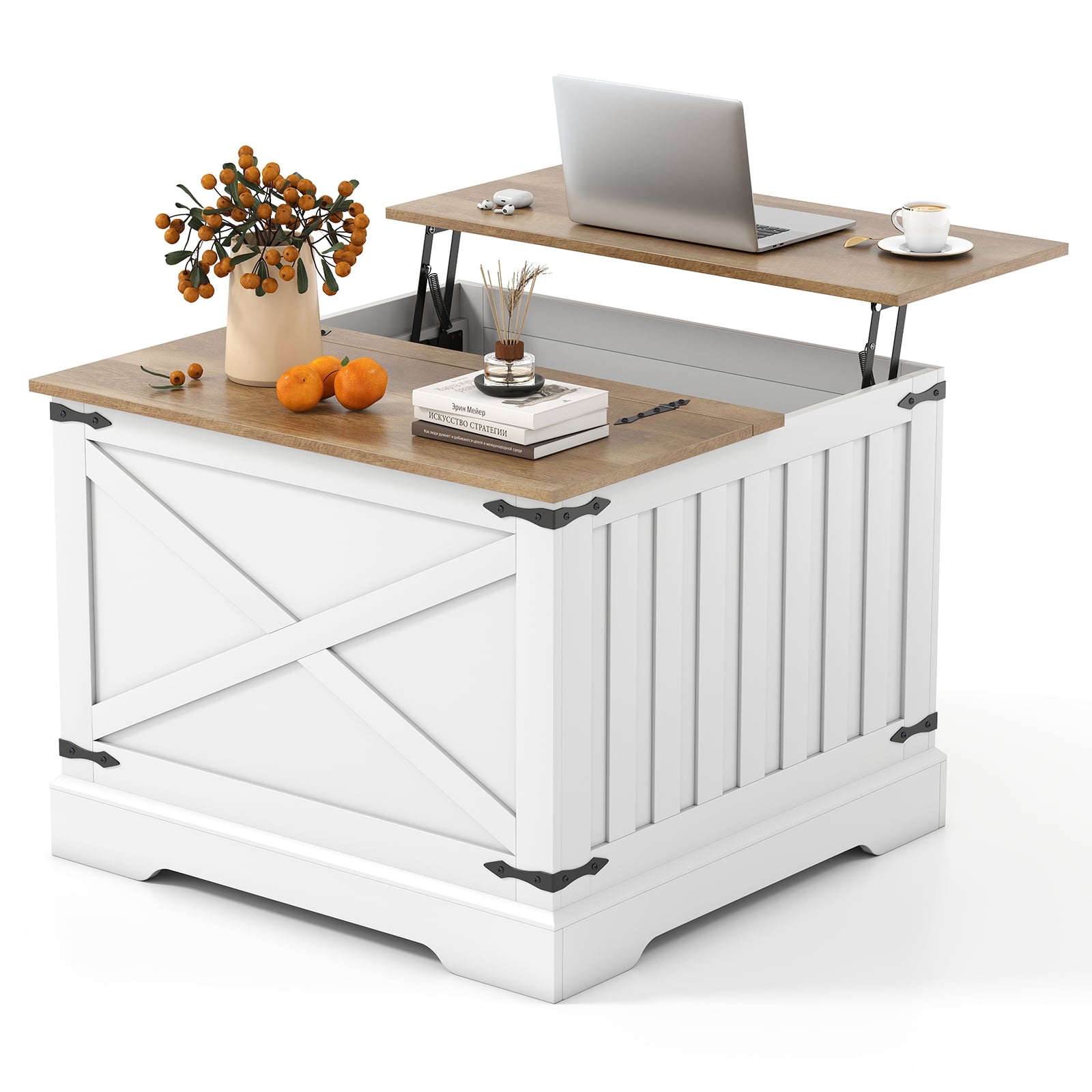 Costway Brown Farmhouse Lift Top Coffee Table 80Cm Square Center Table With Hidden Storage Compartment