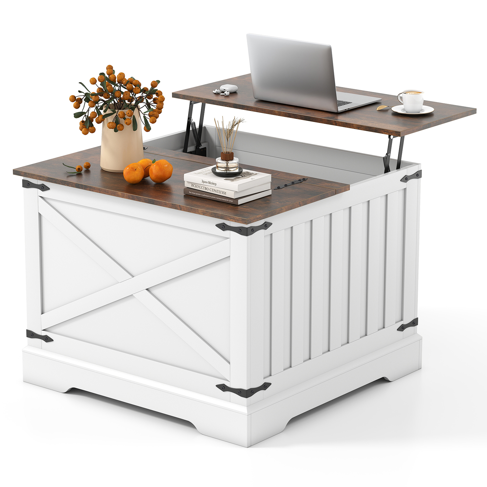 Costway Rustic Brown Farmhouse Lift Top Coffee Table 80Cm Square Center Table With Hidden Storage Compartment