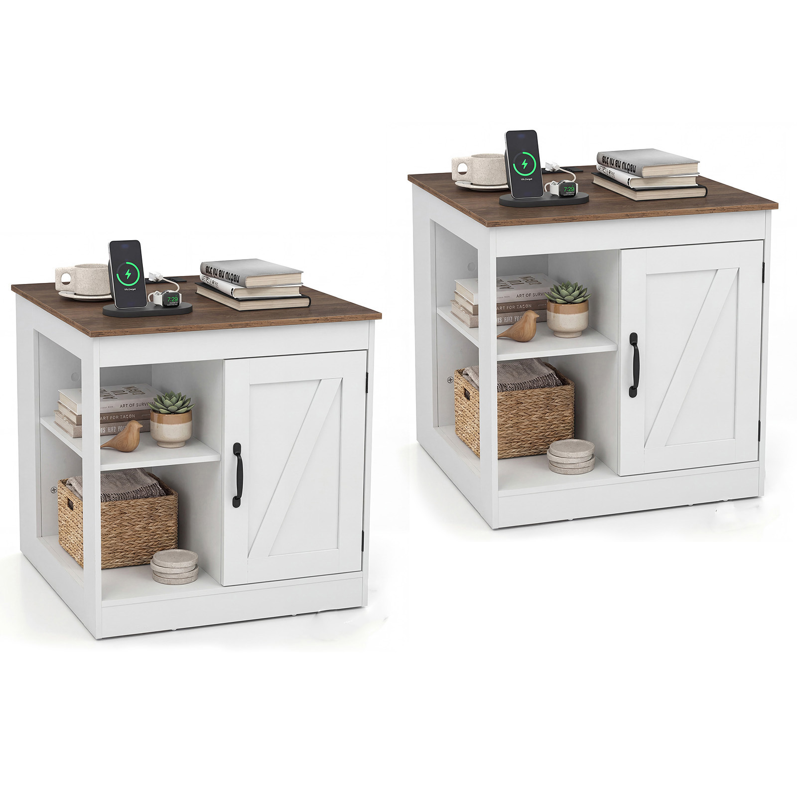 Costway White Farmhouse Nightstand Set Of 2 With Charging Station Bedside Table With Adjustable Shelf
