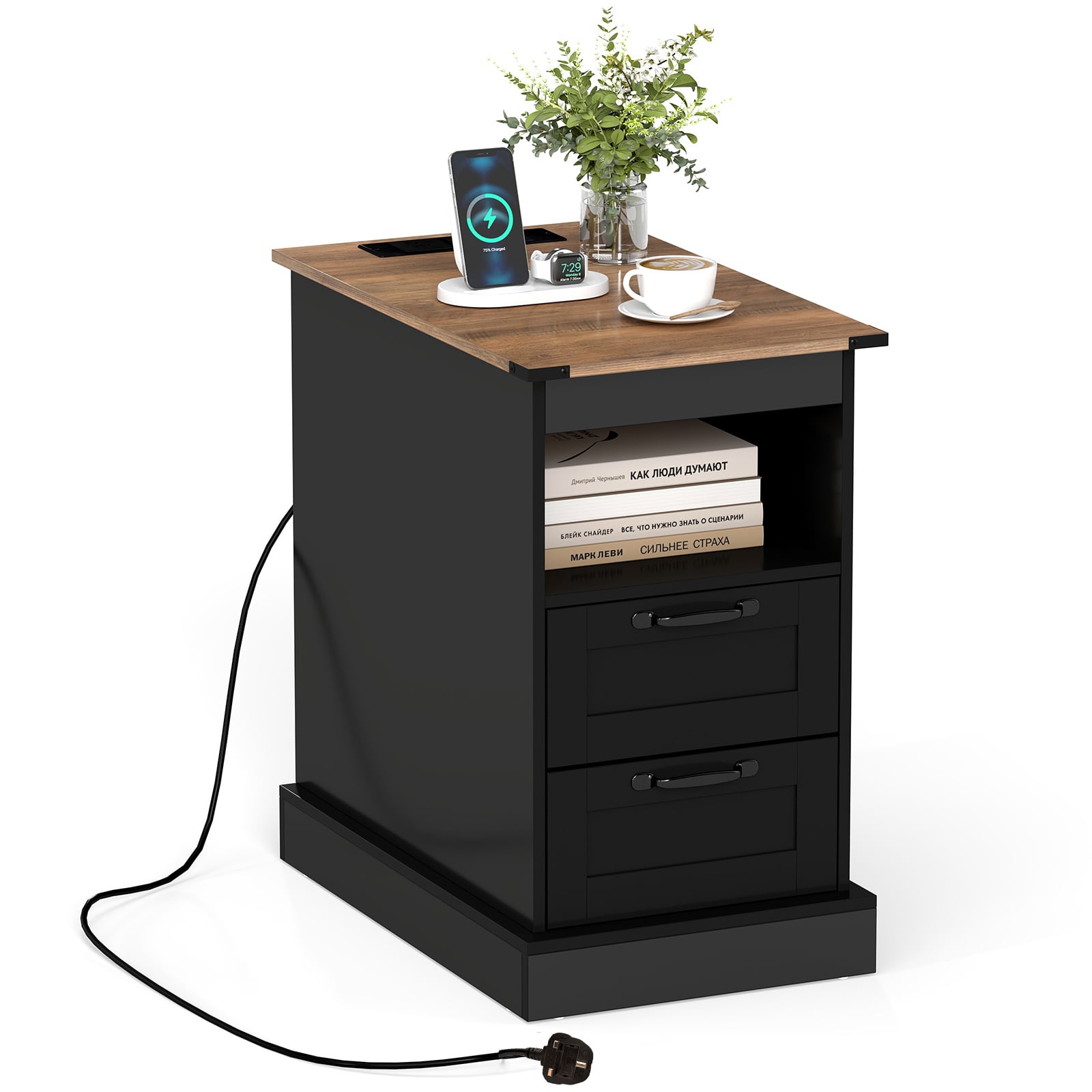 Costway Black Farmhouse Nightstand With Charging Station And 2 Drawers