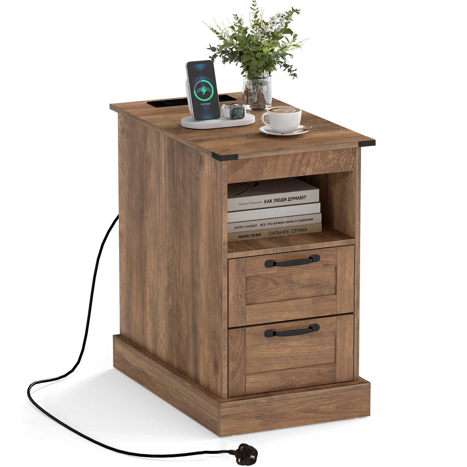Costway Rustic Brown Farmhouse Nightstand With Charging Station And 2 Drawers