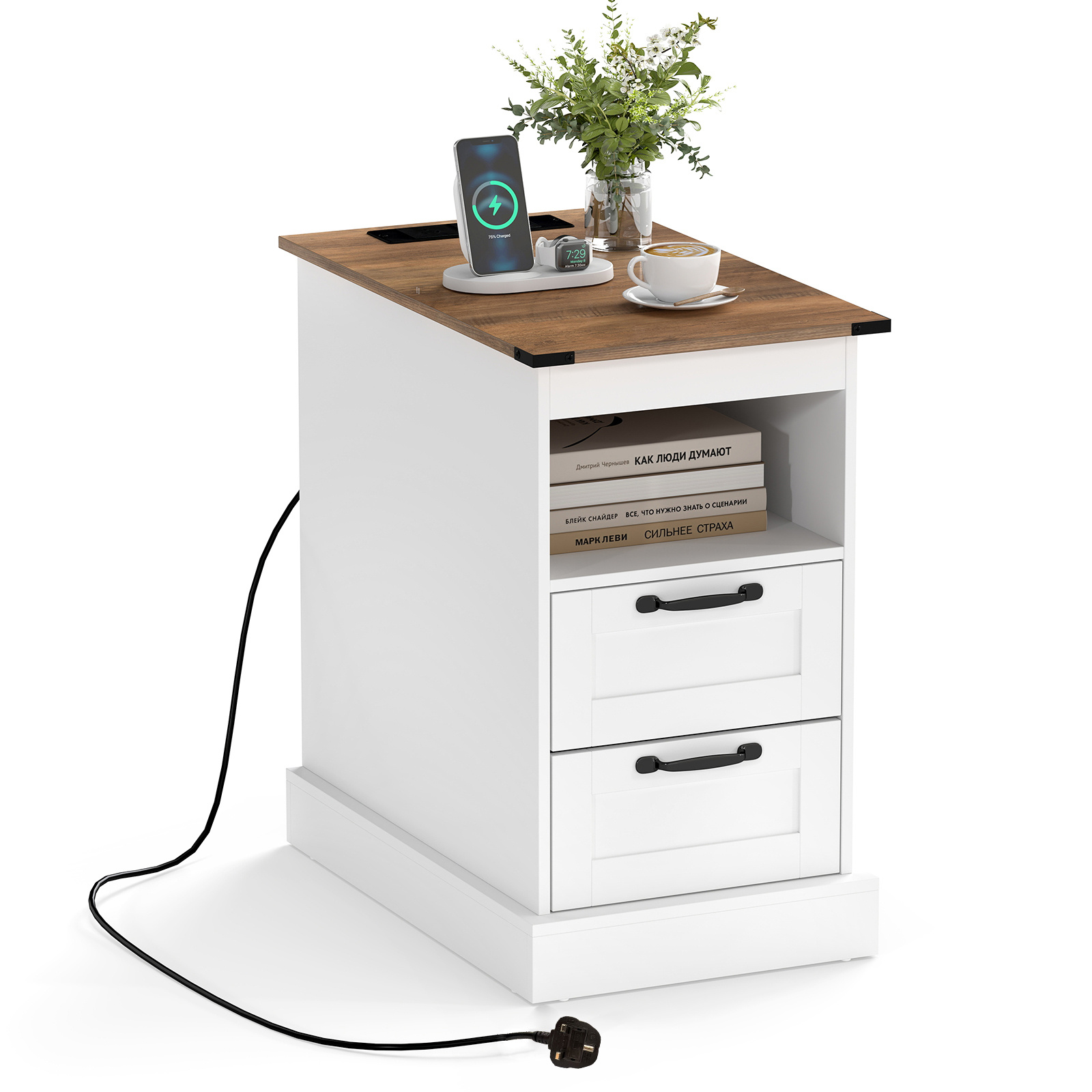 Costway White Farmhouse Nightstand With Charging Station And 2 Drawers