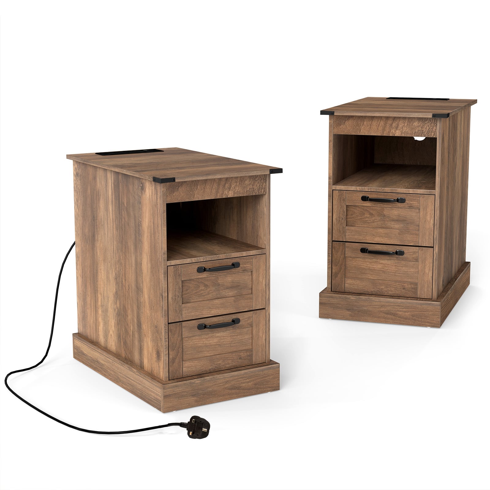 Costway Rustic Brown Farmhouse Nightstand With Charging Station With Open Storage Shelf And 2 Drawers For Bedroom
