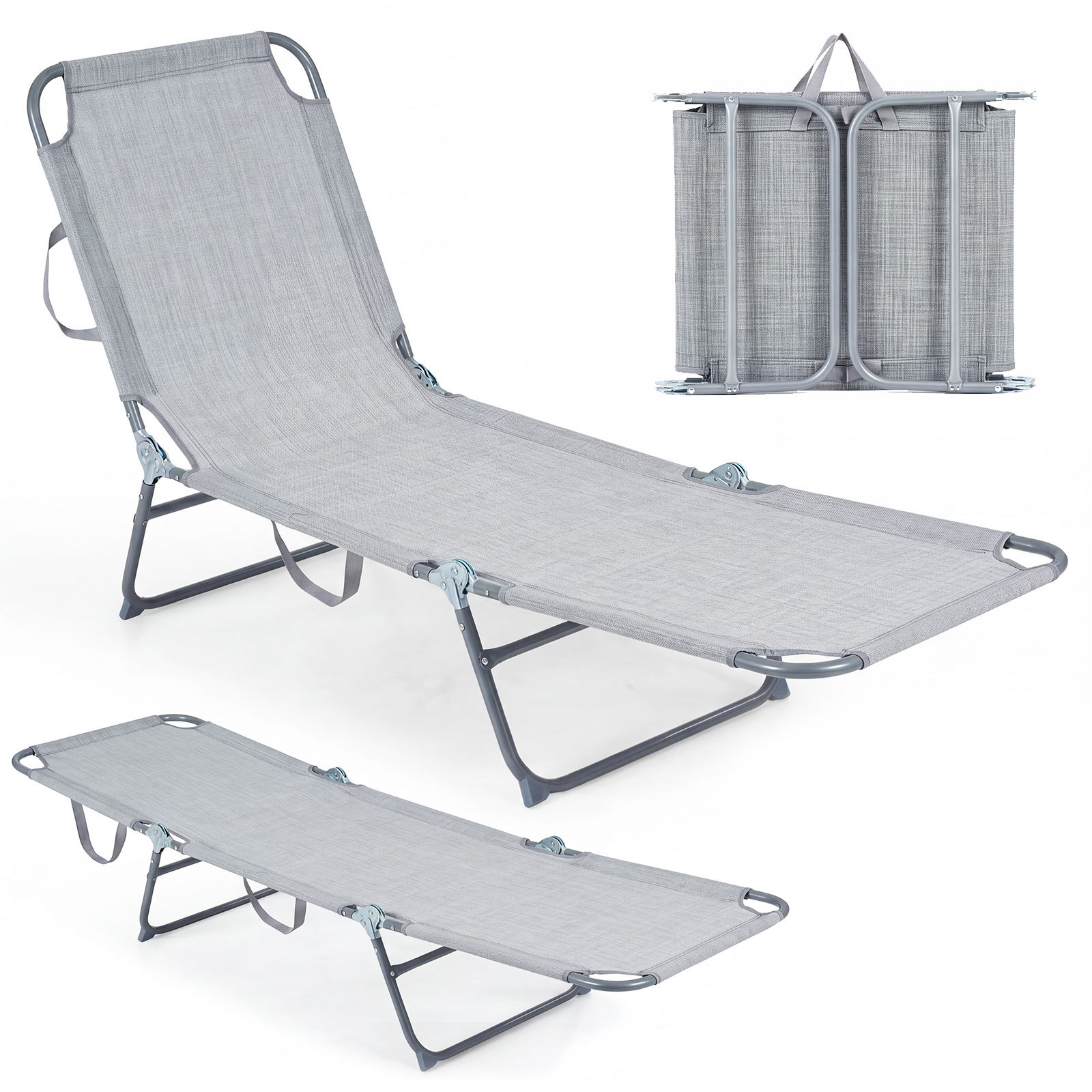 Costway Grey Foldable Sun Lounger Recliner With 4-Position Adjustable Backrest And Footrest