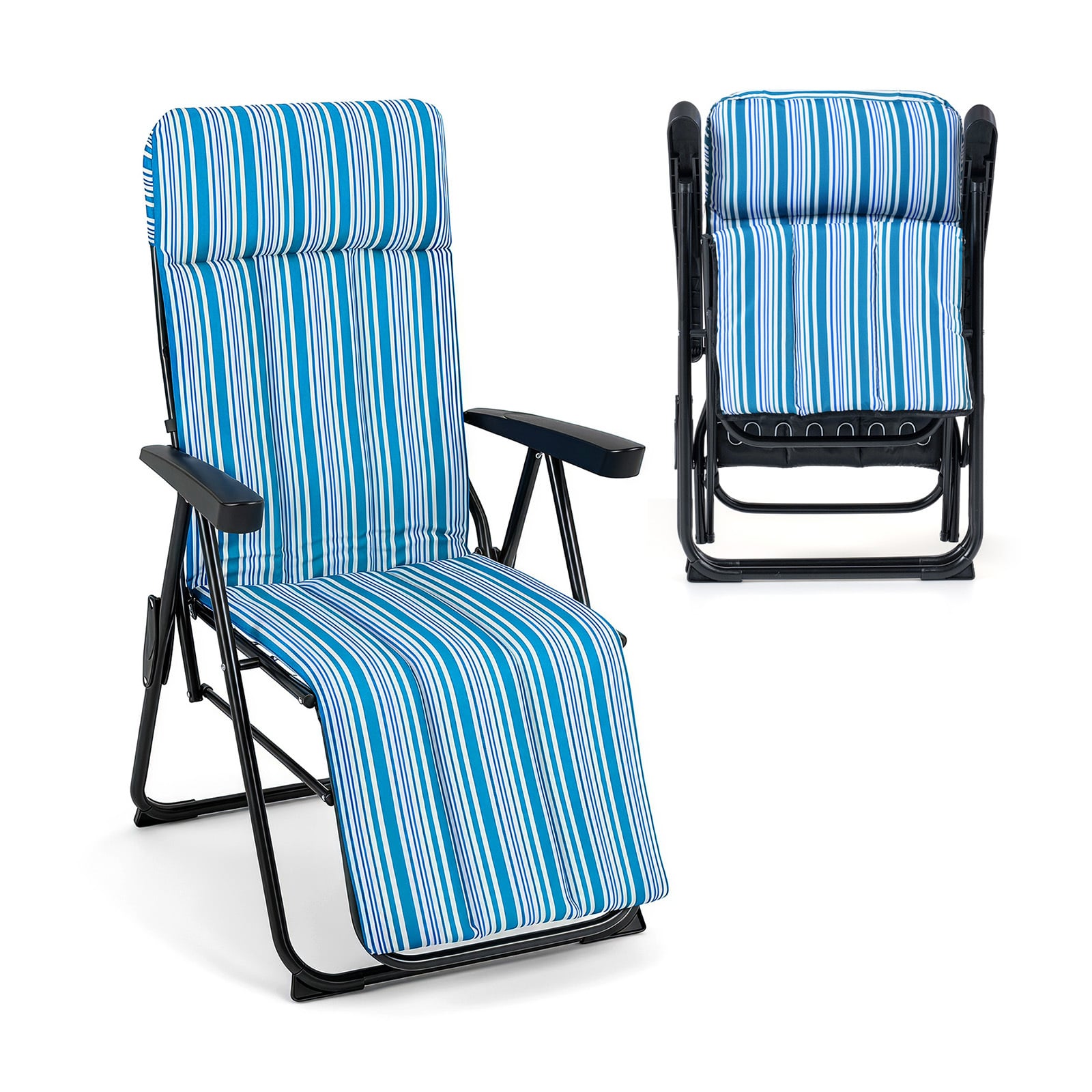 Costway Blue Foldable Sun Lounger Recliner With Adjustable Backrest Headrest And Armrests
