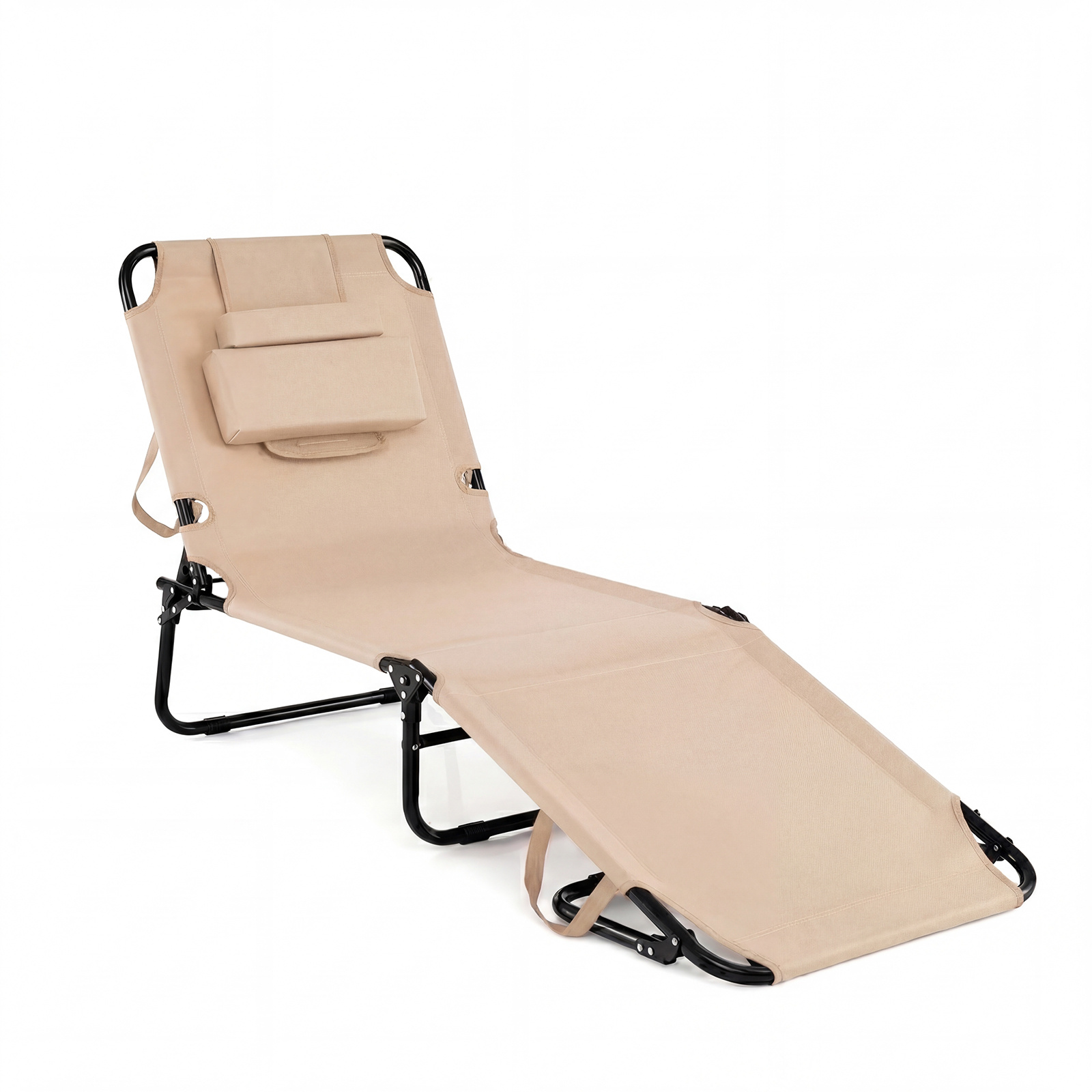 Costway Beige Folding Beach Sun Lounger Adjustable Face Down Tanning Chair With Face Hole And Removable Pillows