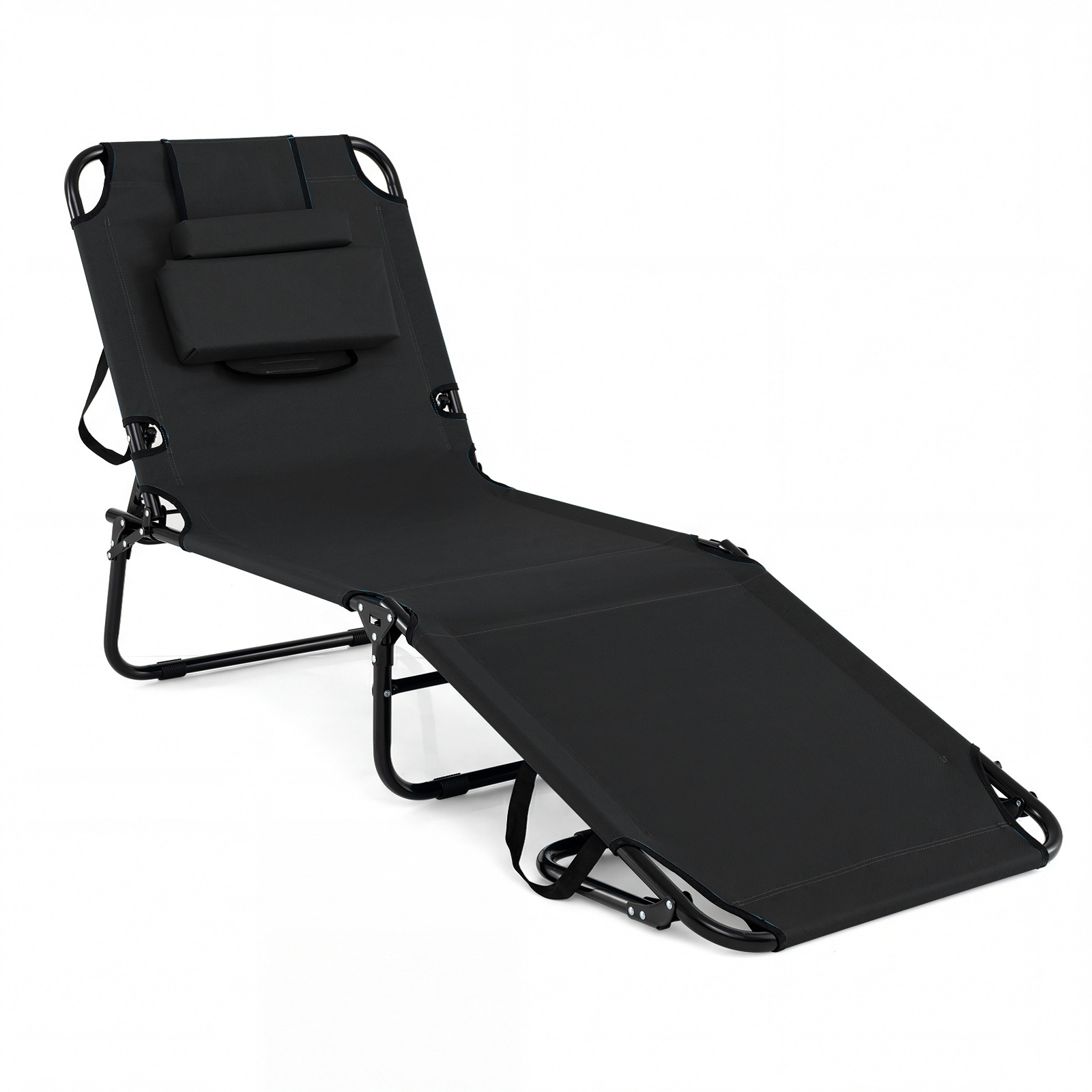 Costway Black Folding Beach Sun Lounger Adjustable Face Down Tanning Chair With Face Hole And Removable Pillows