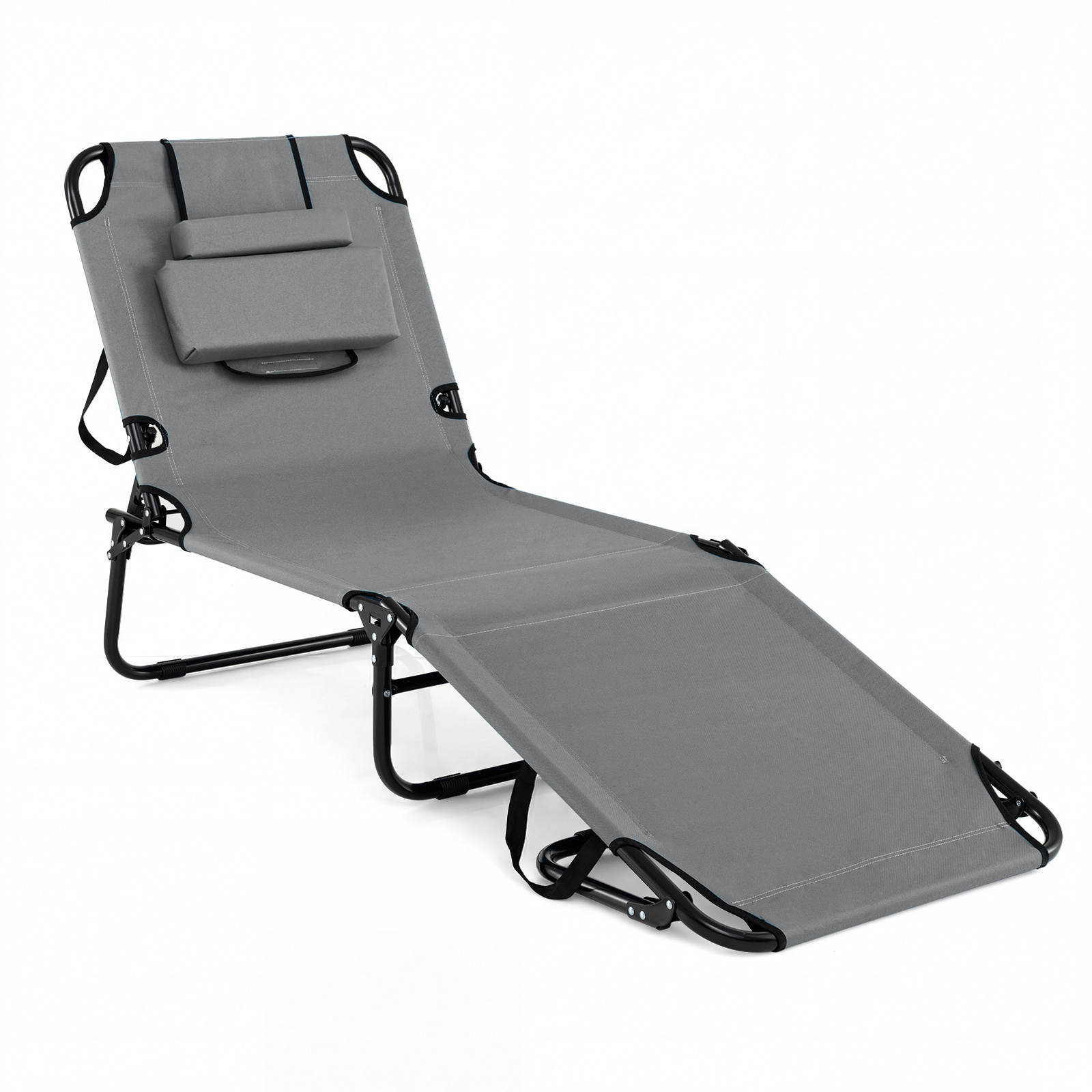 Costway Grey Folding Beach Sun Lounger Adjustable Face Down Tanning Chair With Face Hole And Removable Pillows