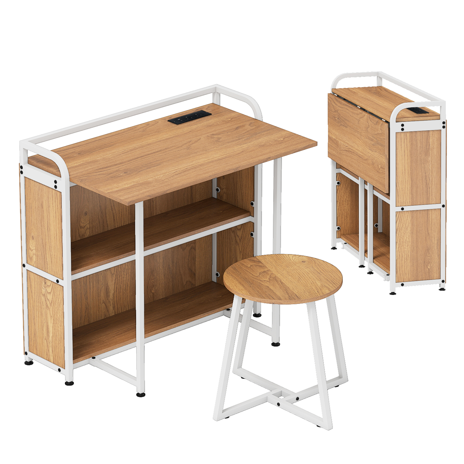 Costway Natural Folding Computer Desk With Stool And Storage Shelves With Ac Outlets