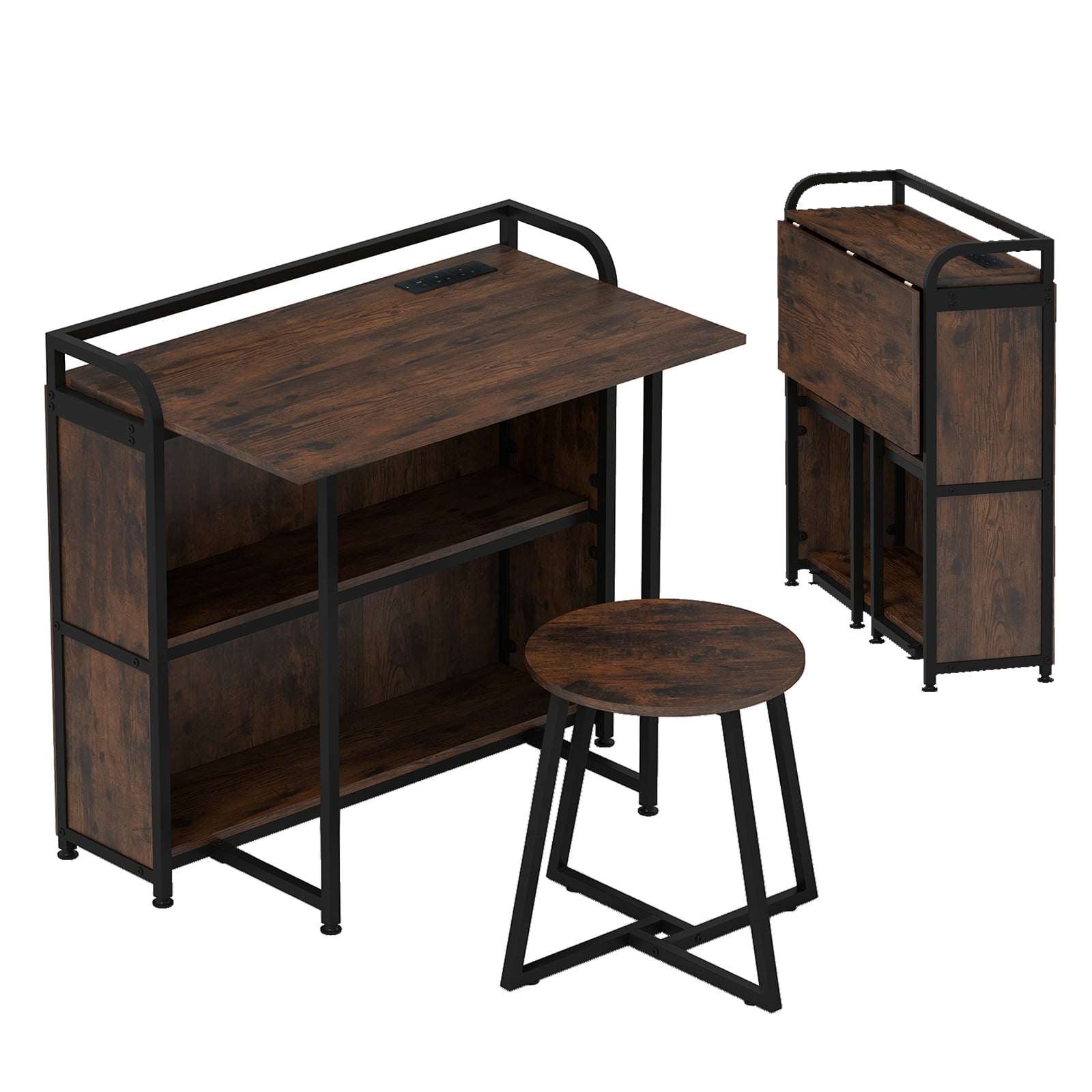 Costway Rustic Brown Folding Computer Desk With Stool And Storage Shelves With Ac Outlets