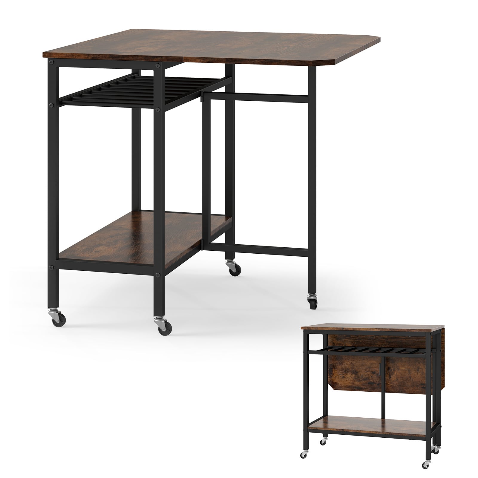 Costway Rustic Brown Folding Dining Table Movable Kitchen Table With Wine Rack Storage Shelf And Wheels
