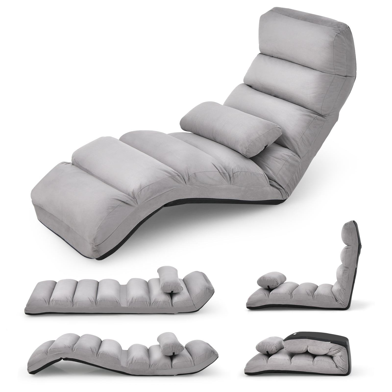 Costway Grey Folding Floor Lazy Sofa Chaise Lounge Sofa With Pillow