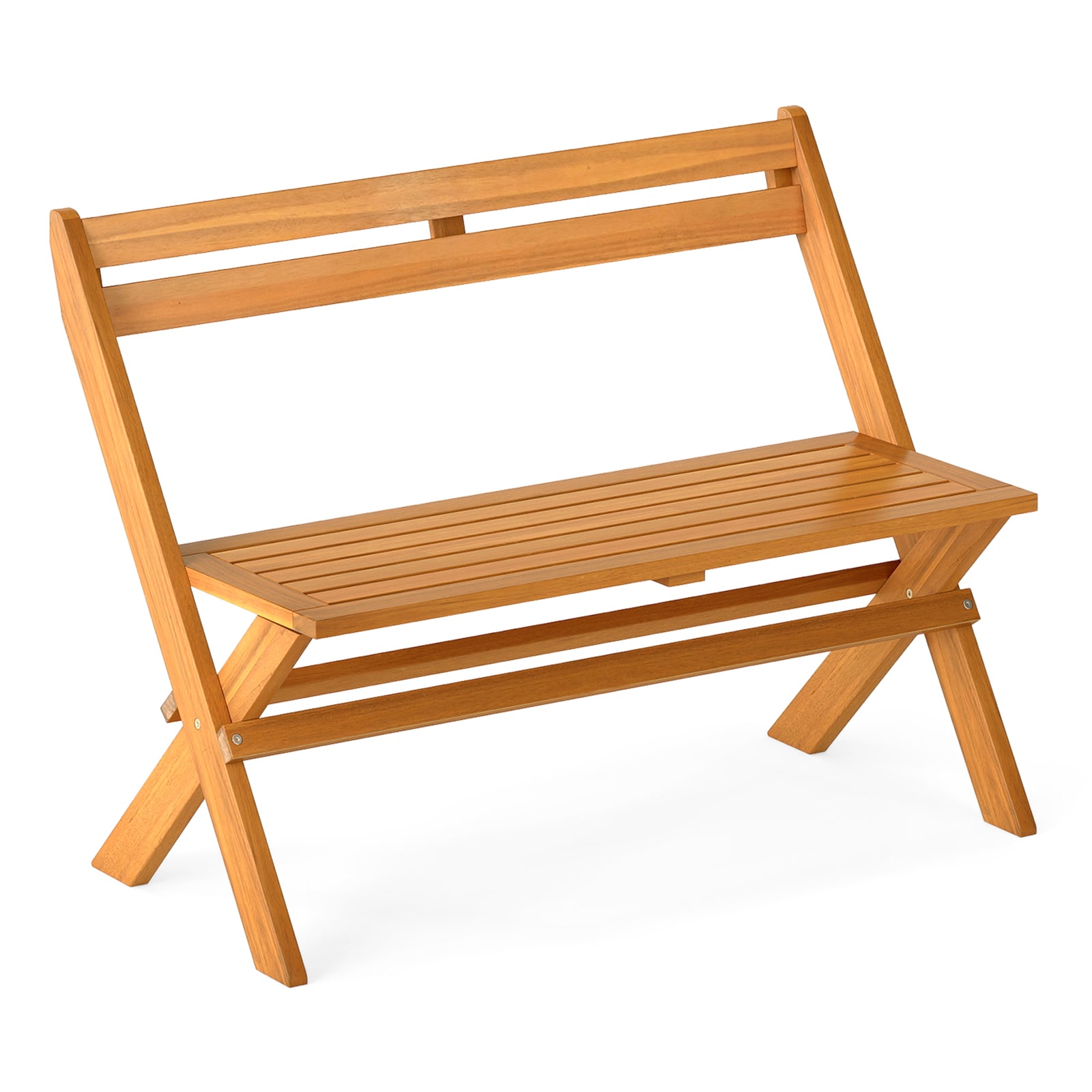 Costway Folding Outdoor Bench For 2 People With Slanted Backrest Slatted Seat