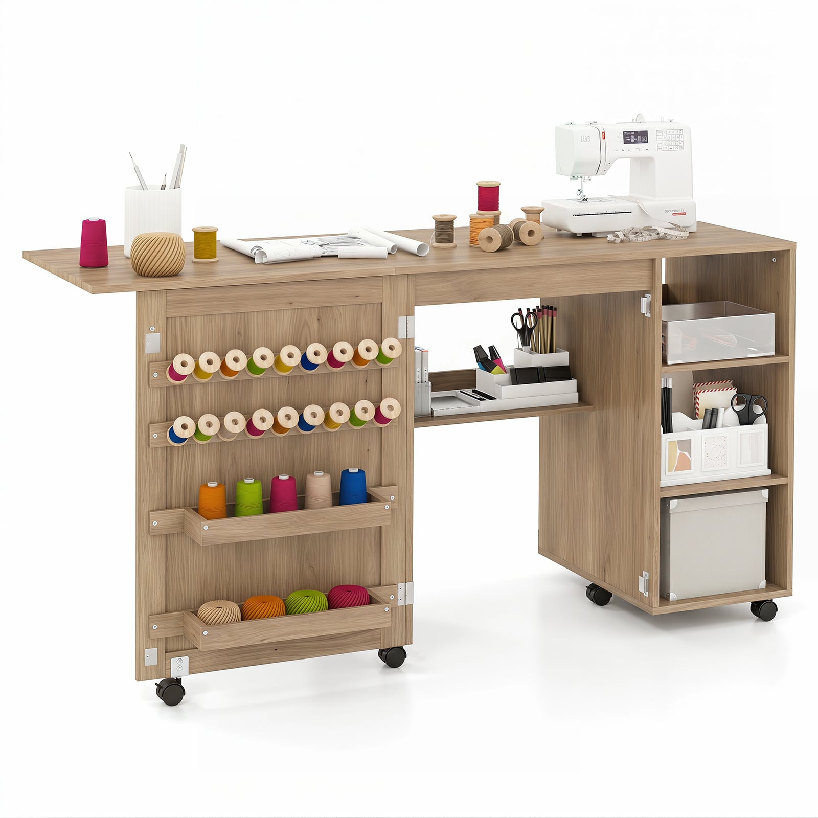 Costway Brown Folding Sewing Table With Storage Shelves And 18 Pegs And Lockable Casters
