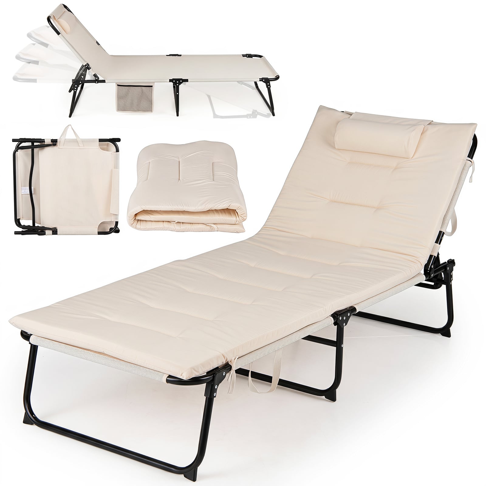 Costway Beige Folding Sun Lounger Foldable Beach Sun Lounger With 4-Position Adjustable Backrest