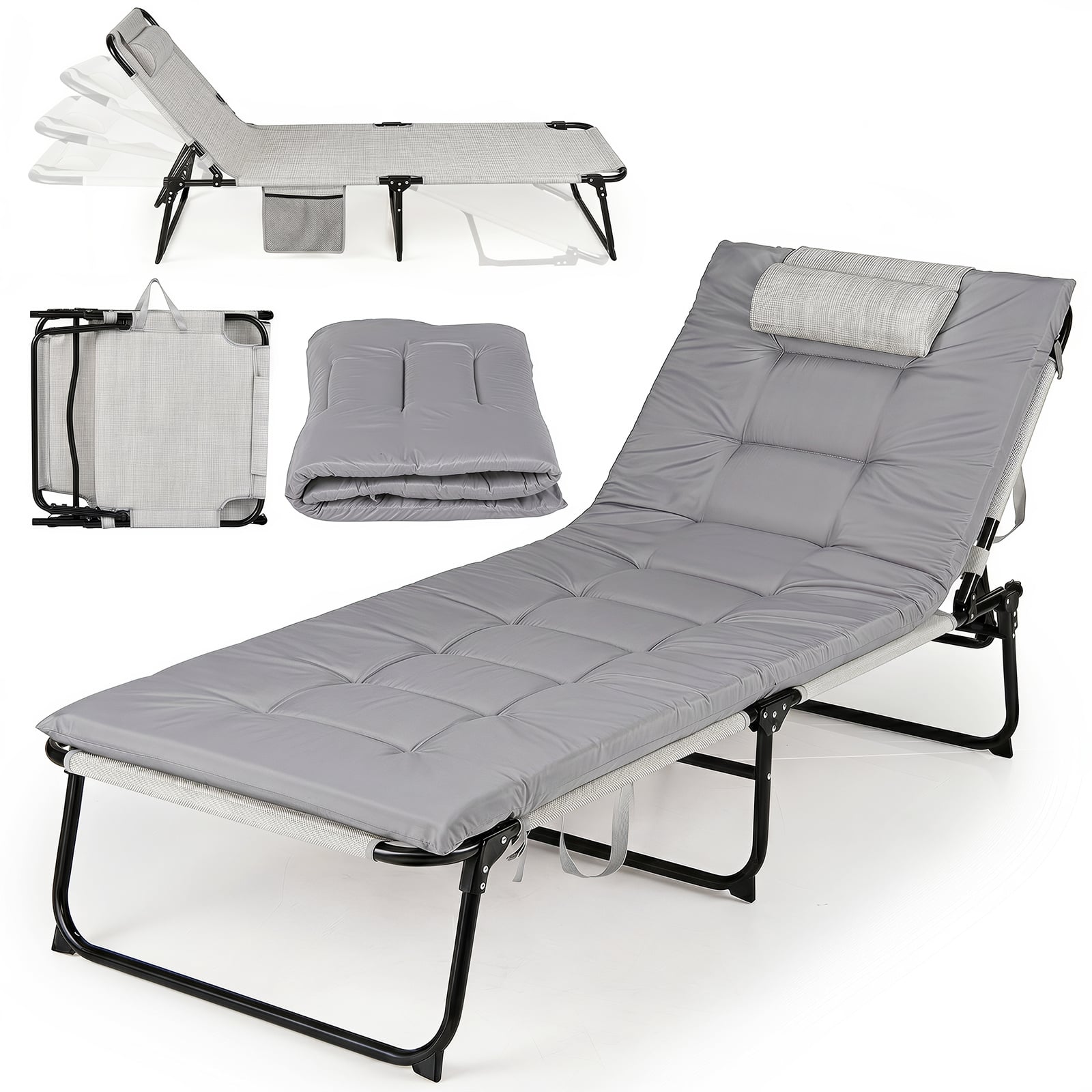 Costway Grey Folding Sun Lounger Foldable Beach Sun Lounger With 4-Position Adjustable Backrest