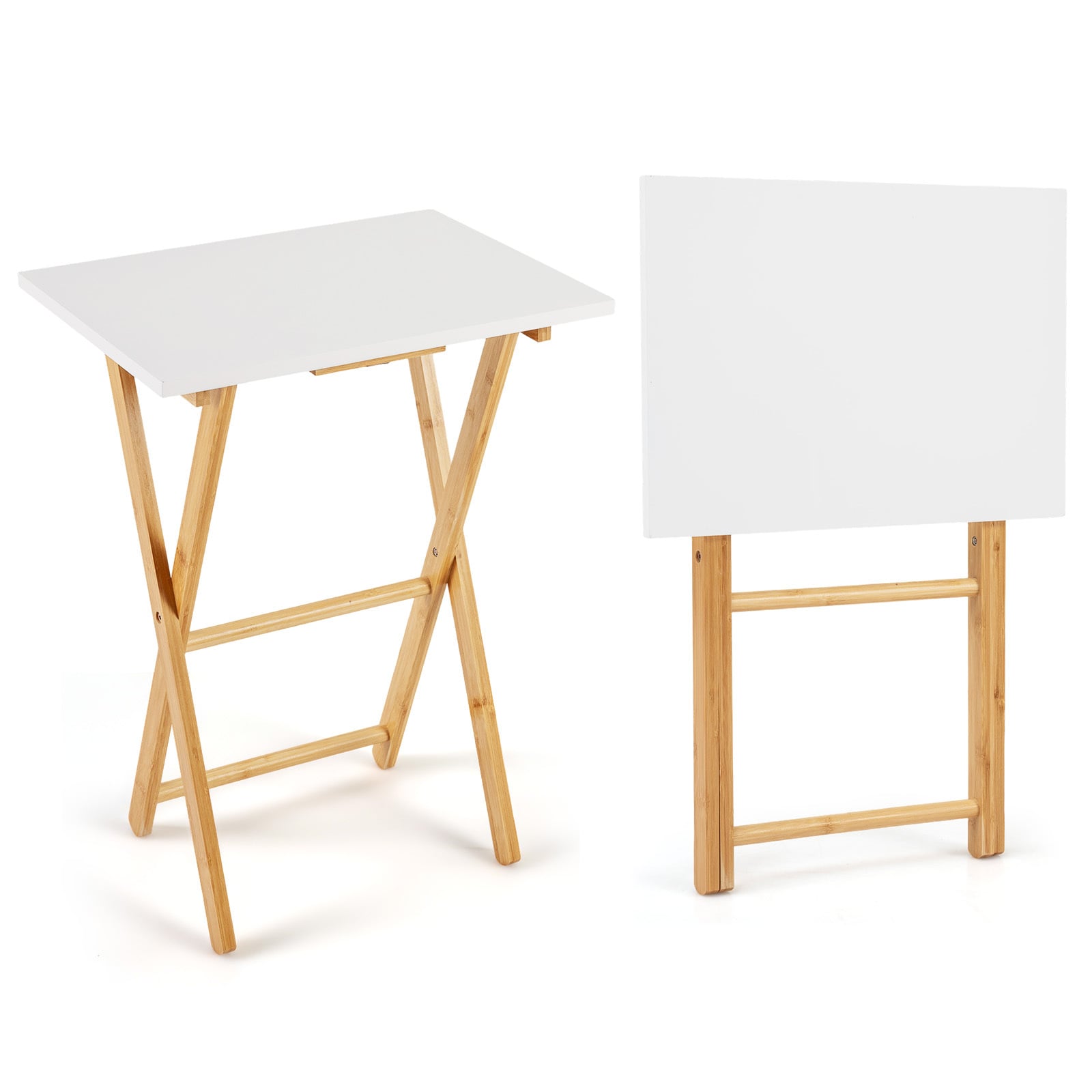 Costway White Folding Tv Tray Tables Set Of 2 Bamboo Snack Table For Small Spaces At Couch