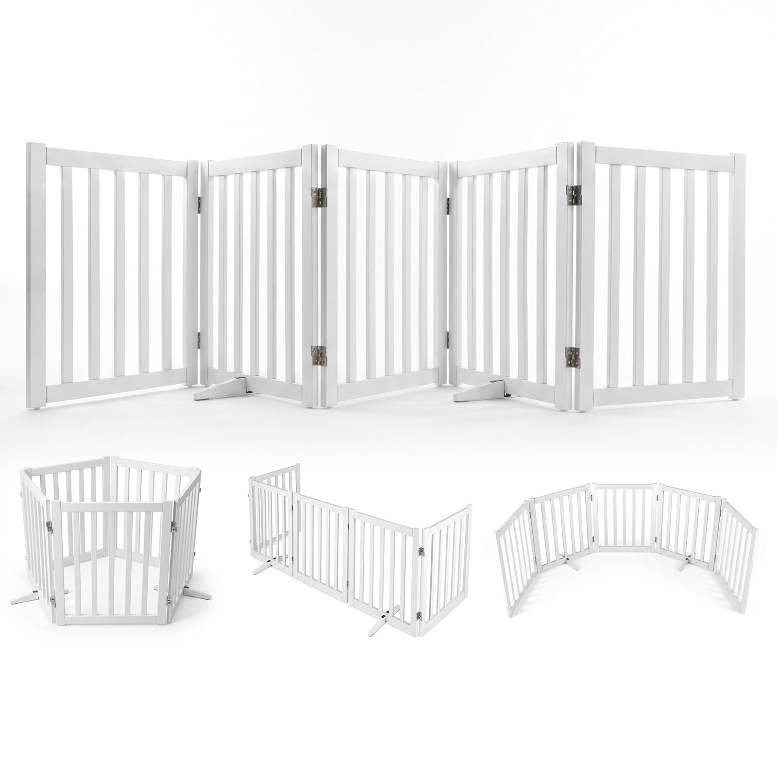 Costway White Freestanding Pet Gate For Dogs Foldable Wooden Puppy Gate Safety Fence