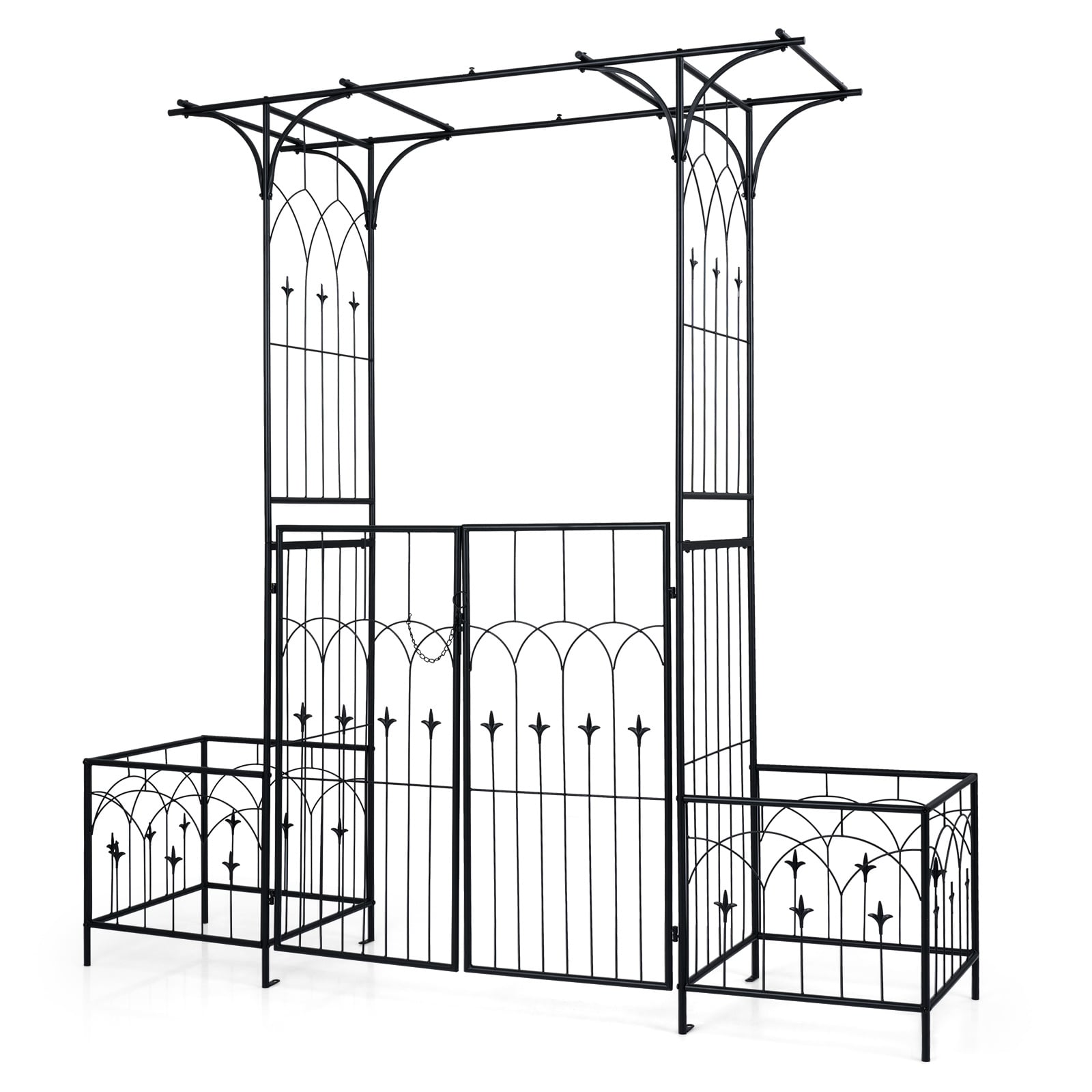 Costway Garden Arbor With Gate And Planter Boxes 206Cm Heavy Duty Metal Arch