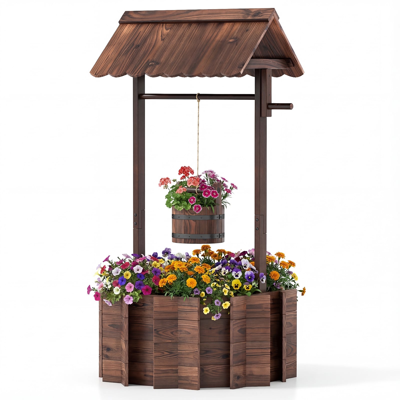 Costway Brown Garden Wooden Wishing Well Bucket With Hanging Bucket Planter