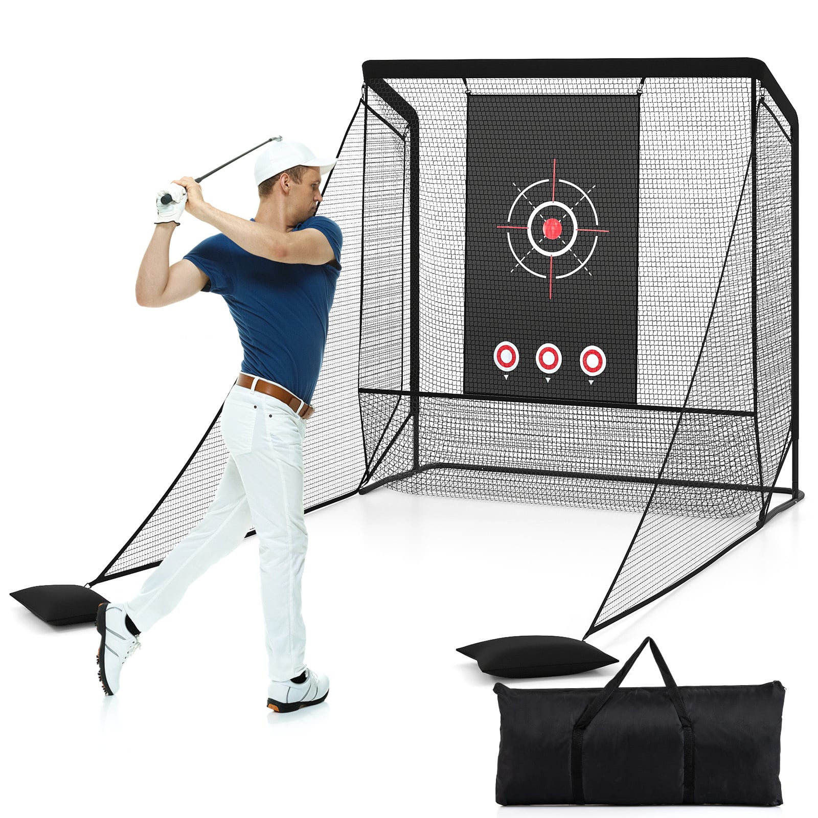 Costway Golf Practice Net With Dual Side Barriers And Sand Bags For Backyard