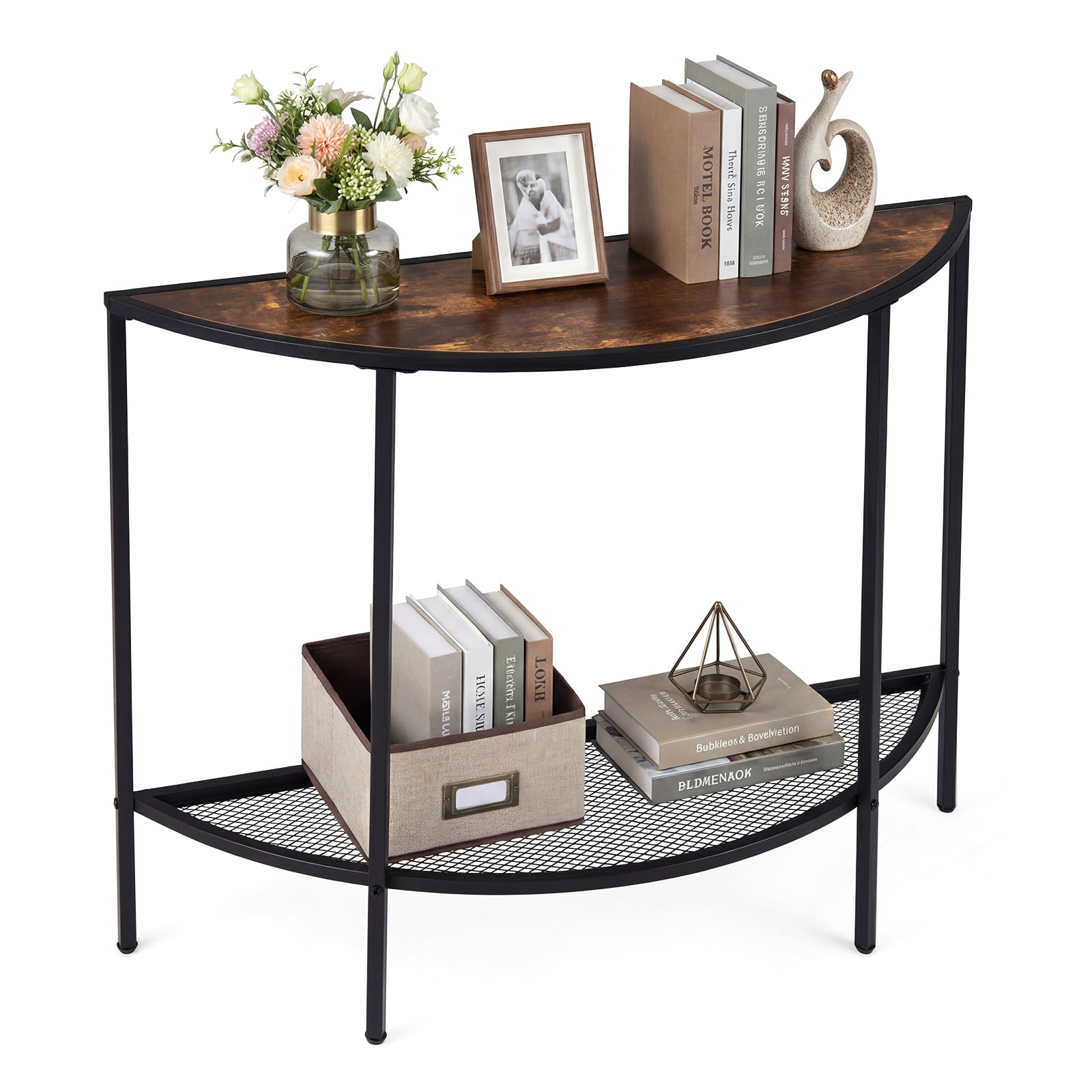 Costway Rustic Brown Half Moon Console Table 2-Tier Narrow Entryway Table With Storage Shelf