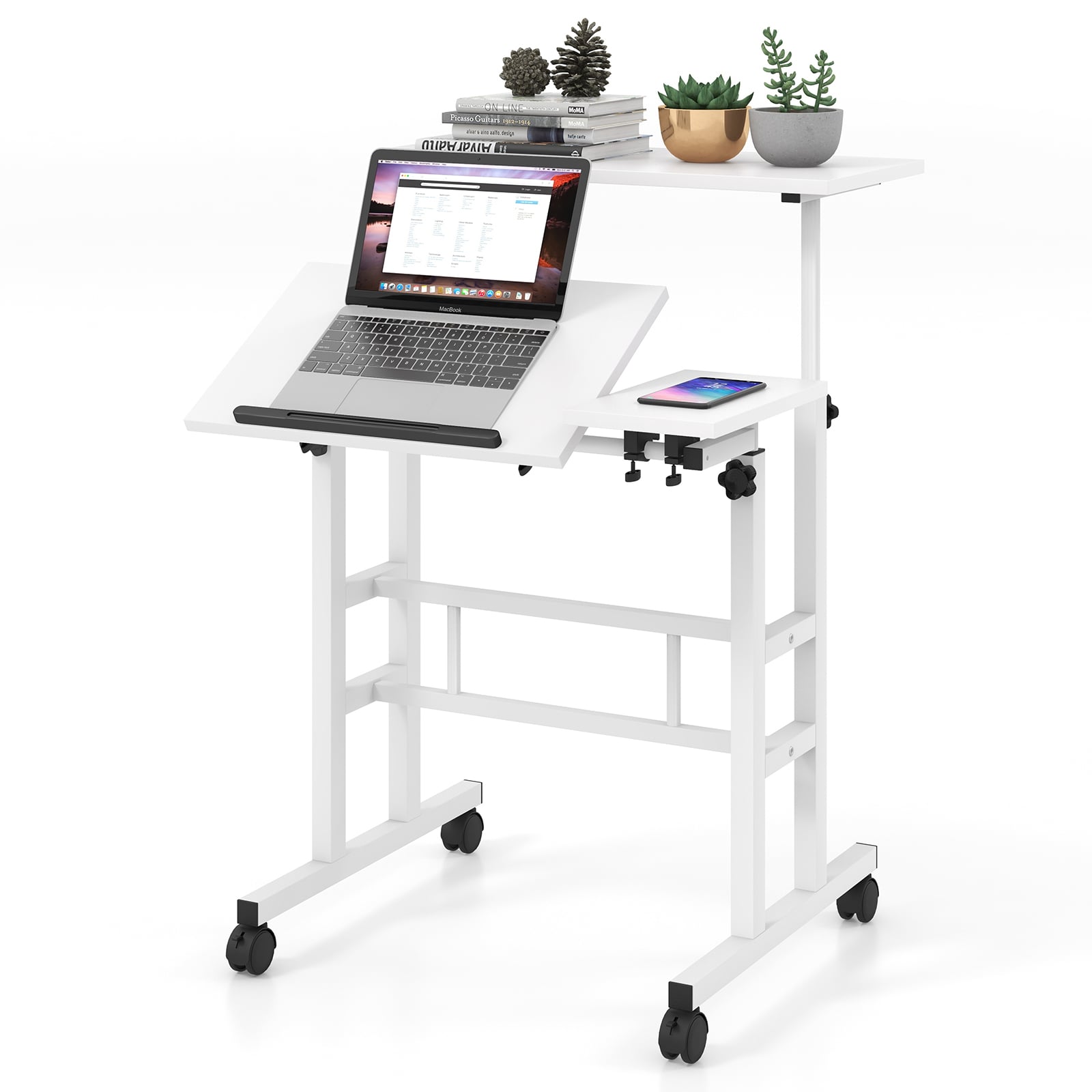 Costway White Height Adjustable Workstation With Wheels For Standing Or Sitting