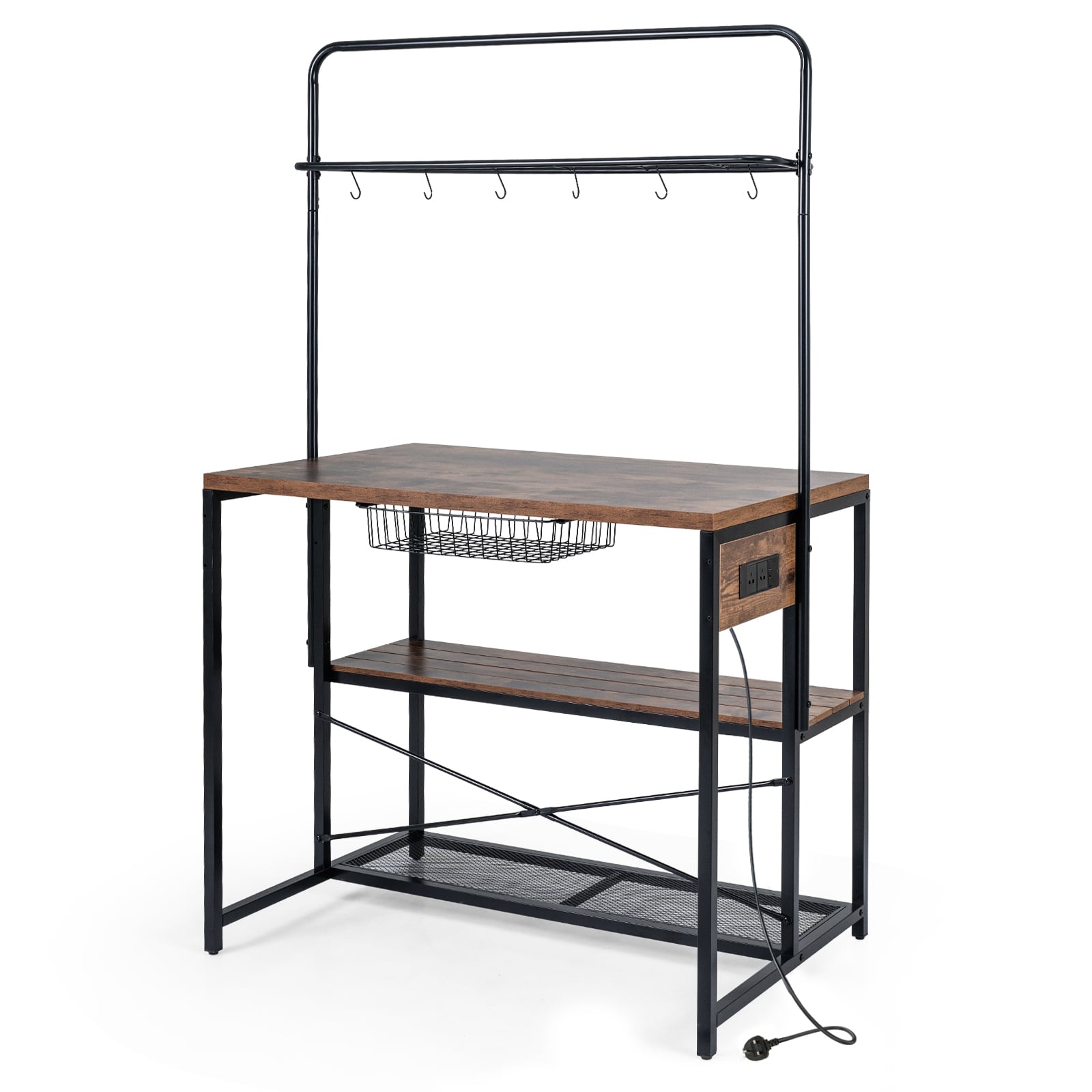 Costway Black Industrial Bakers Rack Storage Island With Pull-Out Basket And 6 Hooks For Home